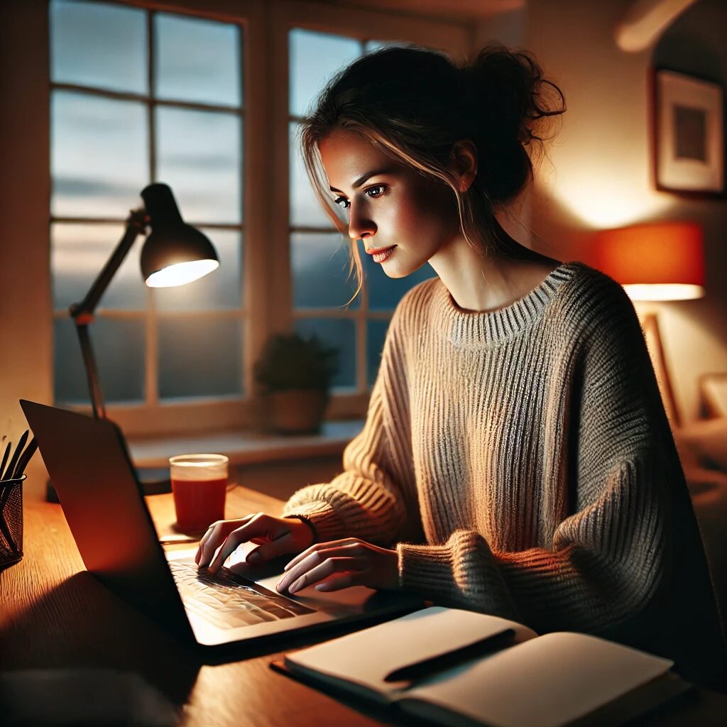 A freelancer working diligently on her laptop.