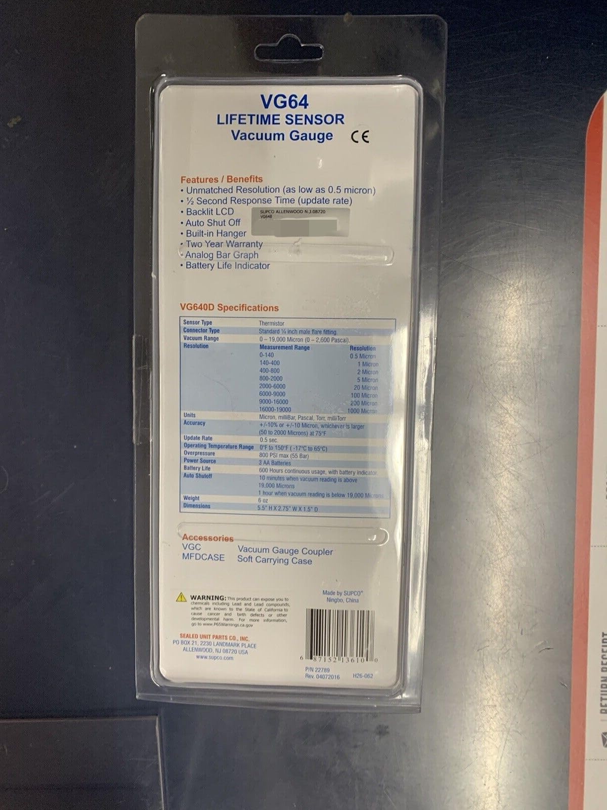 Supco VG64 Vacuum Gauge, Digital Display, 0-12000 microns Range, 10% Accuracy, 1/4