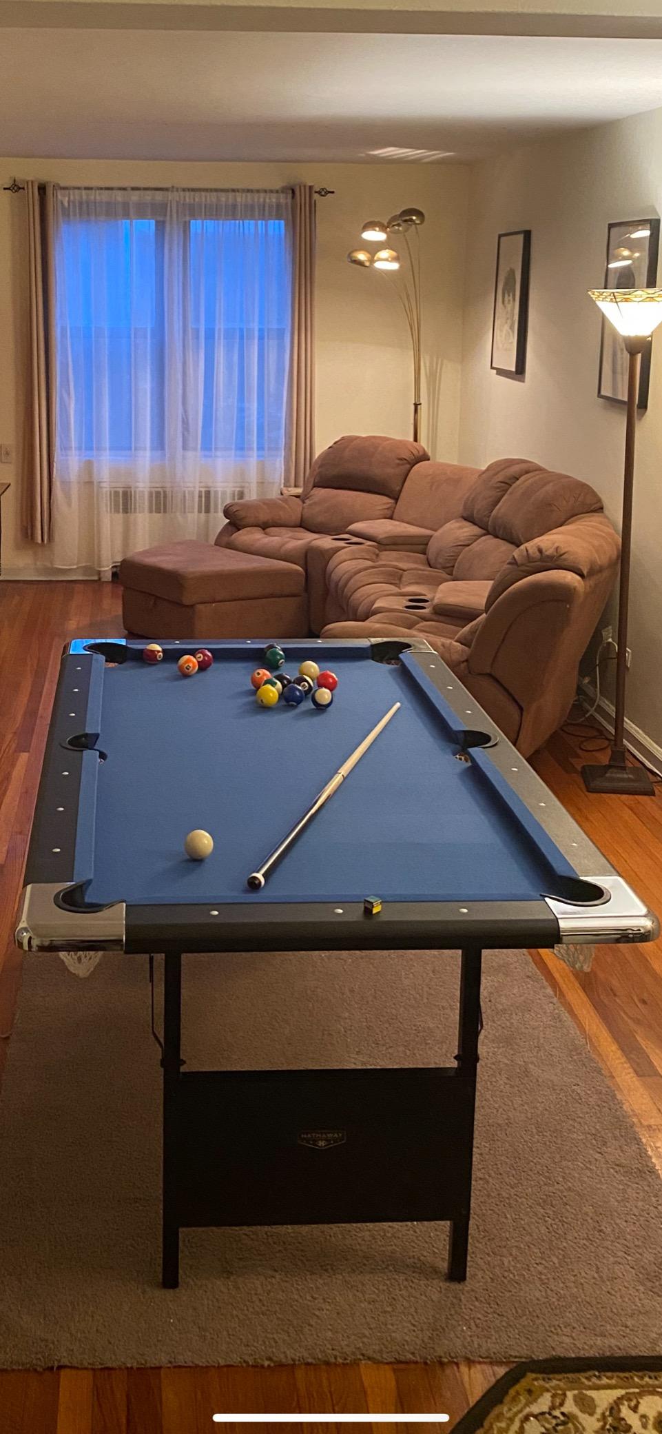 Hathaway Fairmont 6 ft Folding Pool Table for Family & Home Use Includes Full Set of Billiard Balls, Cues, Chalk, Triangle and Carrying Bag, Portable Space-Saving Table with Blue Felt and Black Finish customer photo 1