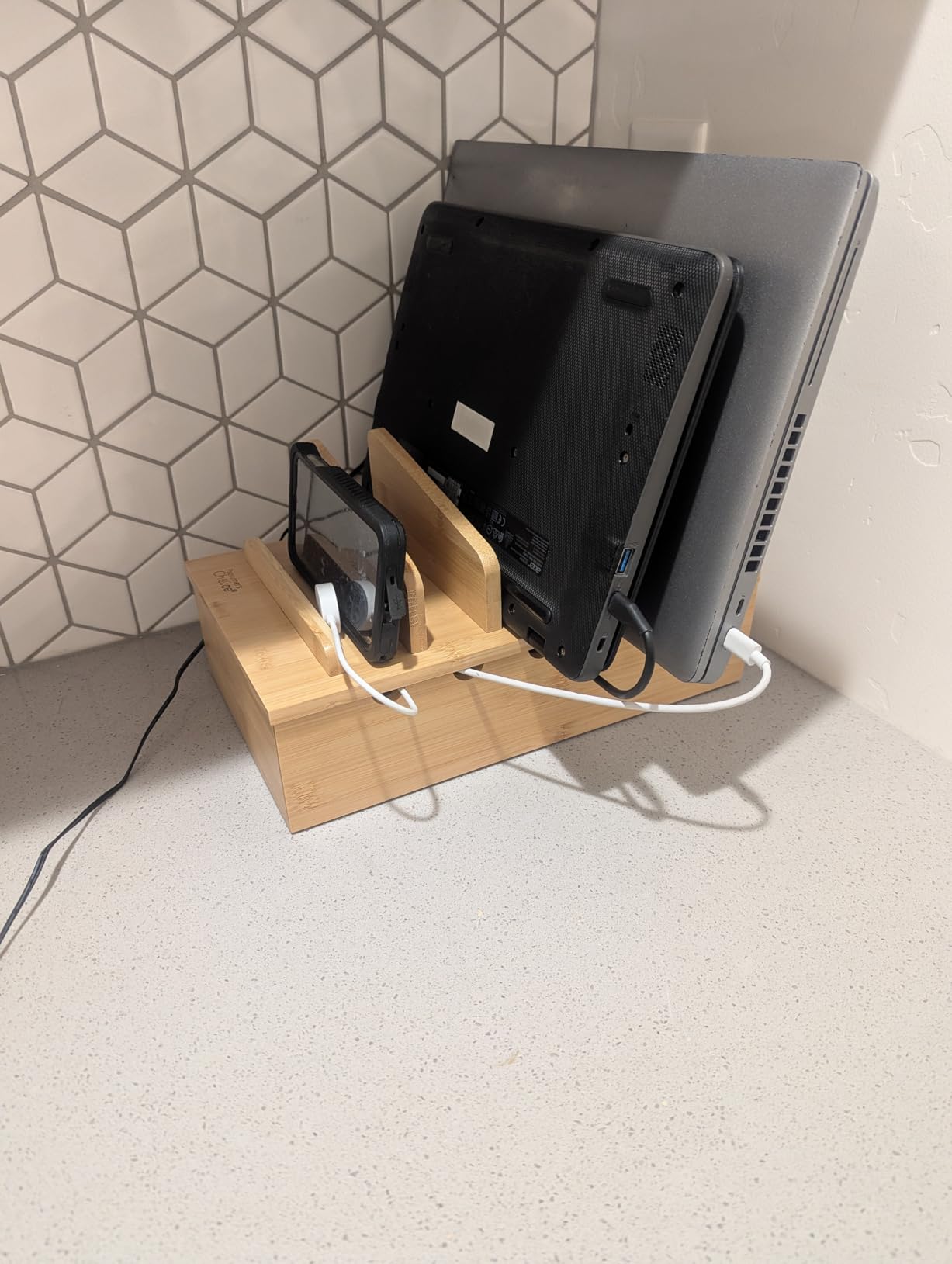 Prosumer's Choice Wooden Charging Station Organizer - 5-Port Base for Phones, Tablets and Laptops - Multi-Device Docking Station with Removable Divider Slots - Cord Box with Cable Management - Bamboo customer photo 1