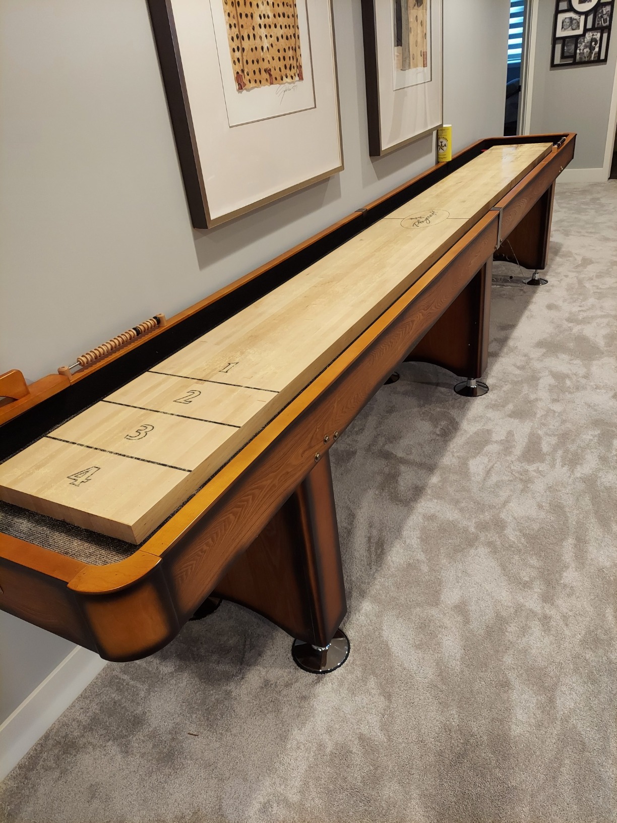 Playcraft Georgetown Shuffleboard Table with Storage Cabinet - Shuffle Board Game Table with Matching Abacus, 8 Pucks, Brush & Wax - Pro Climate Adjusters - Hand-Stained Burnished Finish customer photo 1