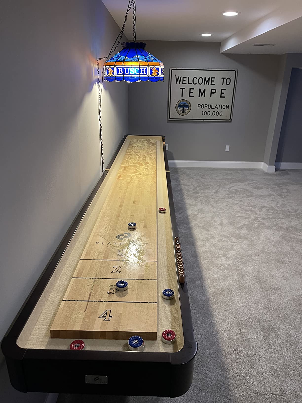 Playcraft Georgetown Shuffleboard Table with Storage Cabinet - Shuffle Board Game Table with Matching Abacus, 8 Pucks, Brush & Wax - Pro Climate Adjusters - Hand-Stained Burnished Finish customer photo 2