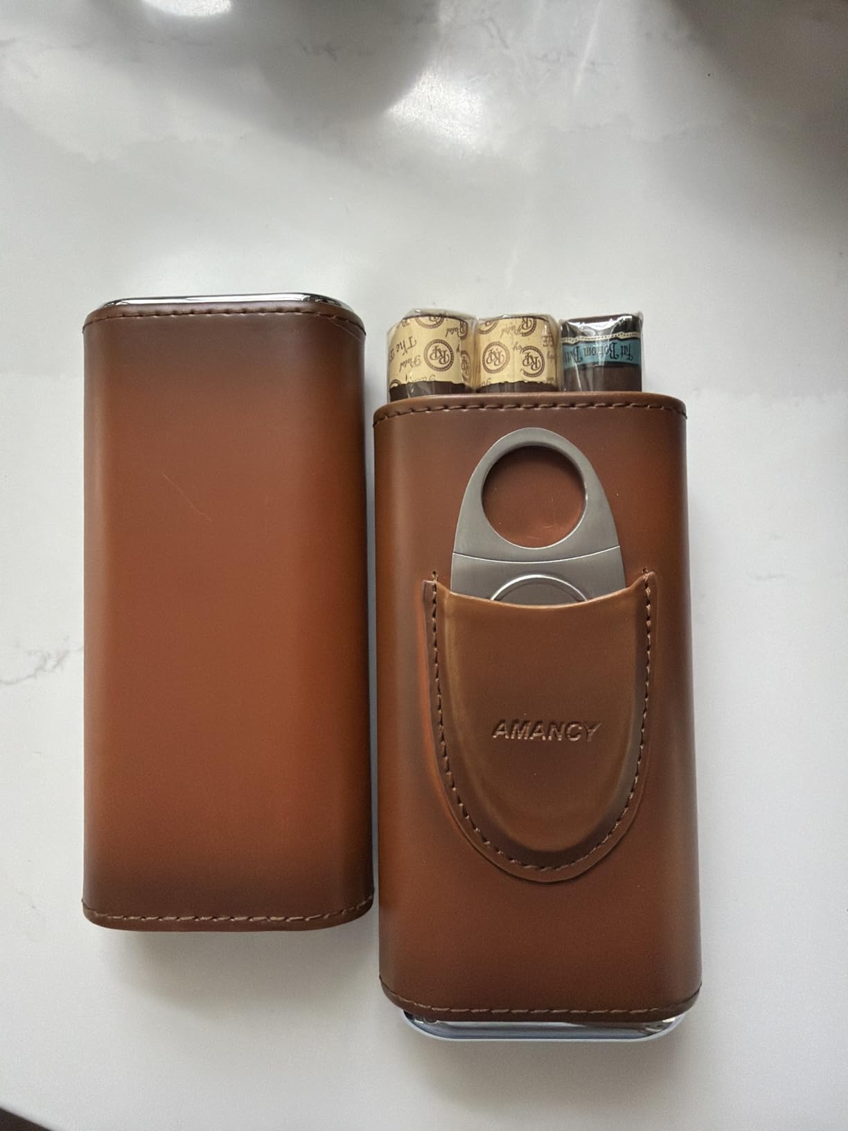AMANCY Premium 3-Finger Brown Leather Cigar Case, Cedar Wood Lined Cigar Humidor with Silver Stainless Steel Cutter customer photo 1