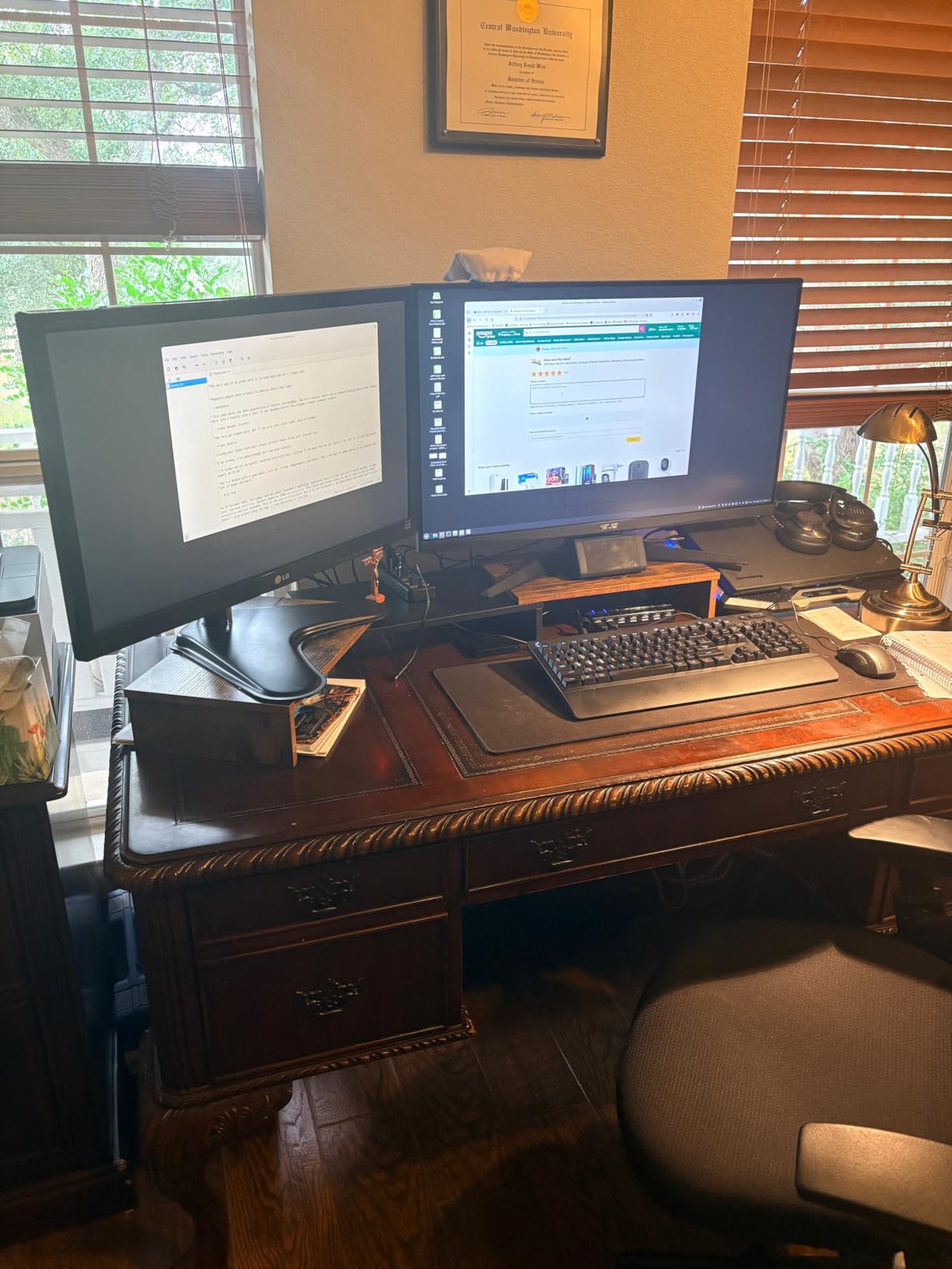 TAVR Dual Monitor Stand Riser Office Desktop Organizer Stand for 2 Monitors, Adjustable Length and Angle 3 Shelf, Extra Long Multifunctional Stand up to 43.3 Inch fit Computer, Laptop, TV, Black customer photo 1