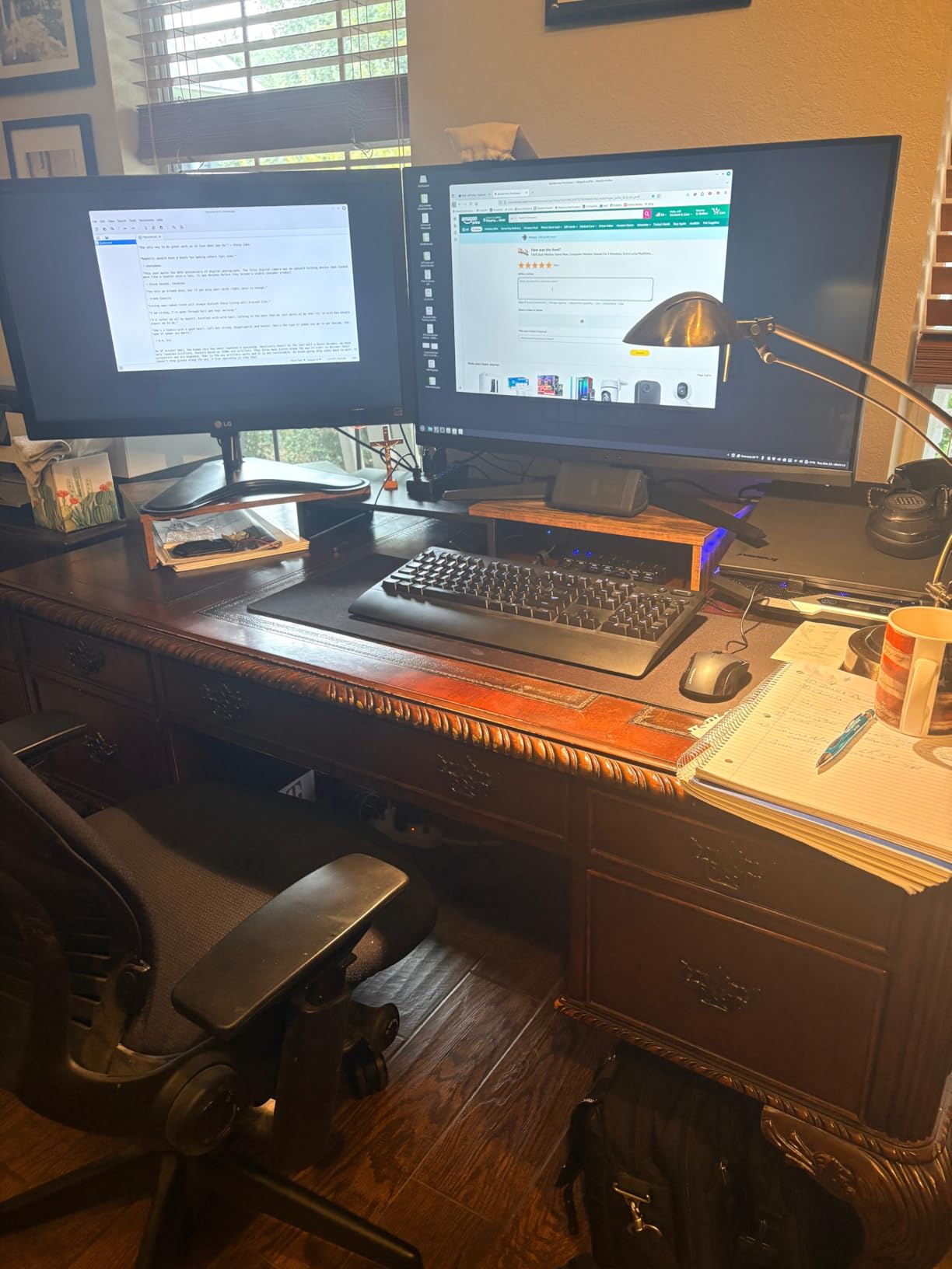 TAVR Dual Monitor Stand Riser Office Desktop Organizer Stand for 2 Monitors, Adjustable Length and Angle 3 Shelf, Extra Long Multifunctional Stand up to 43.3 Inch fit Computer, Laptop, TV, Black customer photo 2