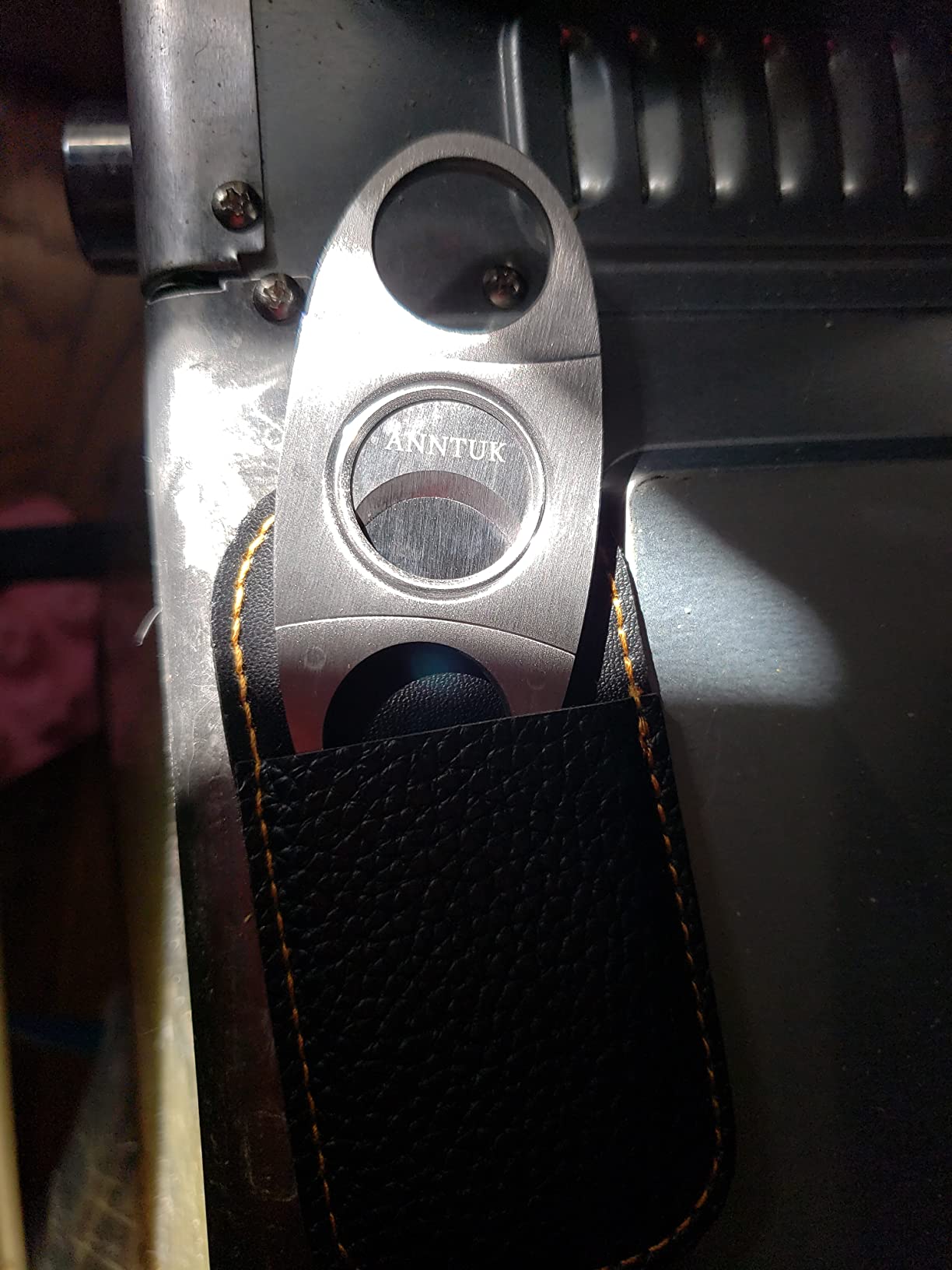 Cigar Cutter Stainless Steel Guillotine Double Cut Blade in Leather Pouch, Silver customer photo 2
