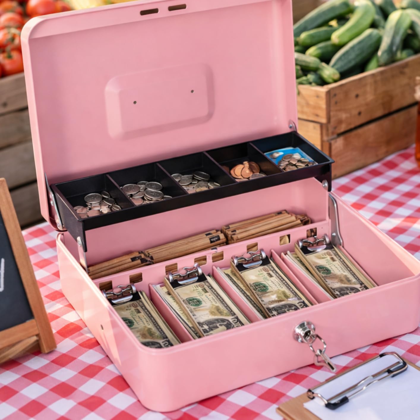 Cash Box with Lock Key and Money Tray - Large Money Box for Cash Register, Metal Lock Box for Money Safe 11.8