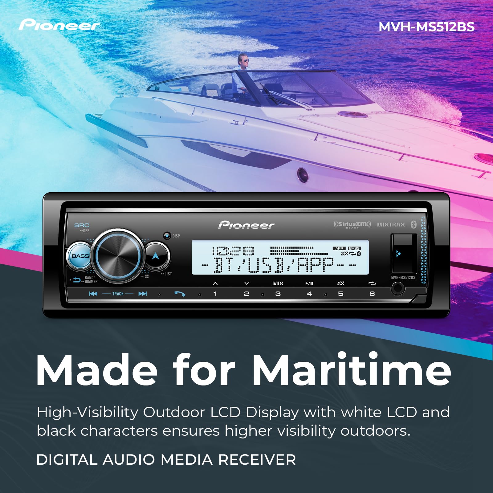 Pioneer MVH-MS512BS Marine Digital Media Receiver - Bluetooth, SiriusXM, USB, FLAC, Conformal Coating, Color Change, White Display for Outdoor, AM/FM Radio, Hi-Volt RCA, iPhone/Android Compatible customer photo 1
