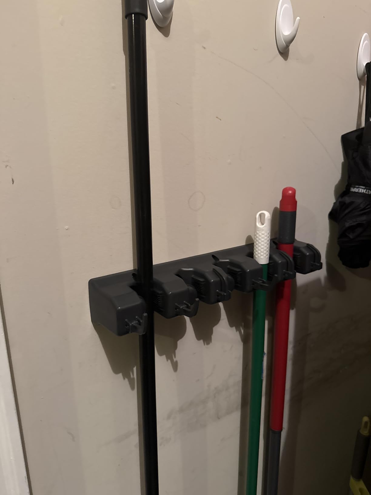 IMILLET 2 Pack Mop and Broom Holder, Wall Mounted Organizer Mop and Broom Storage Tool Rack with 5 Ball Slots and 6 Hooks (Black) customer photo 1