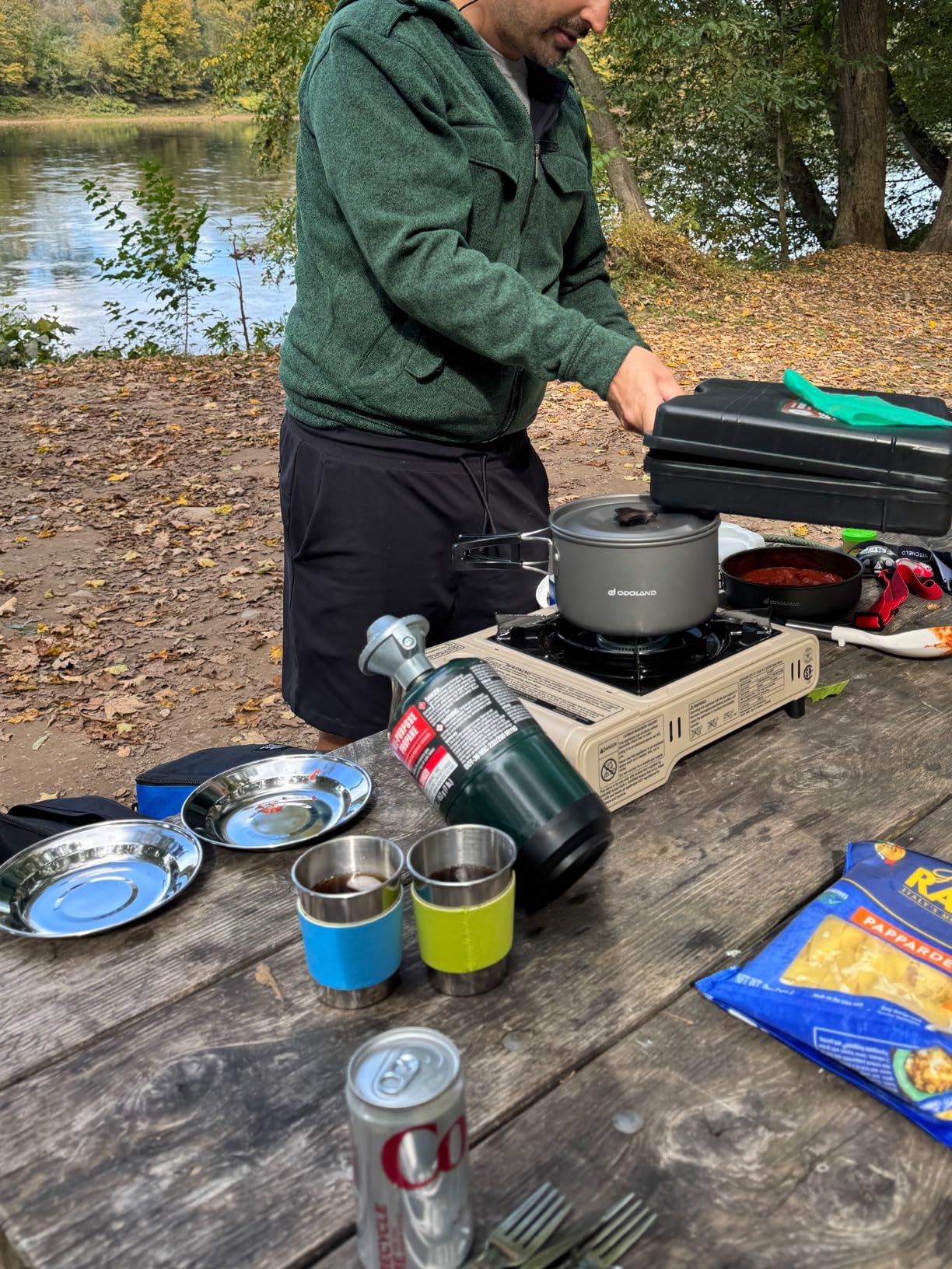 Odoland 15pcs Camping Cookware Mess Kit, Non-Stick Lightweight Pot Pan Kettle Set with Stainless Steel Cups Plates Forks Knives Spoons for Camping, Backpacking, Outdoor Cooking and Picnic customer photo 1