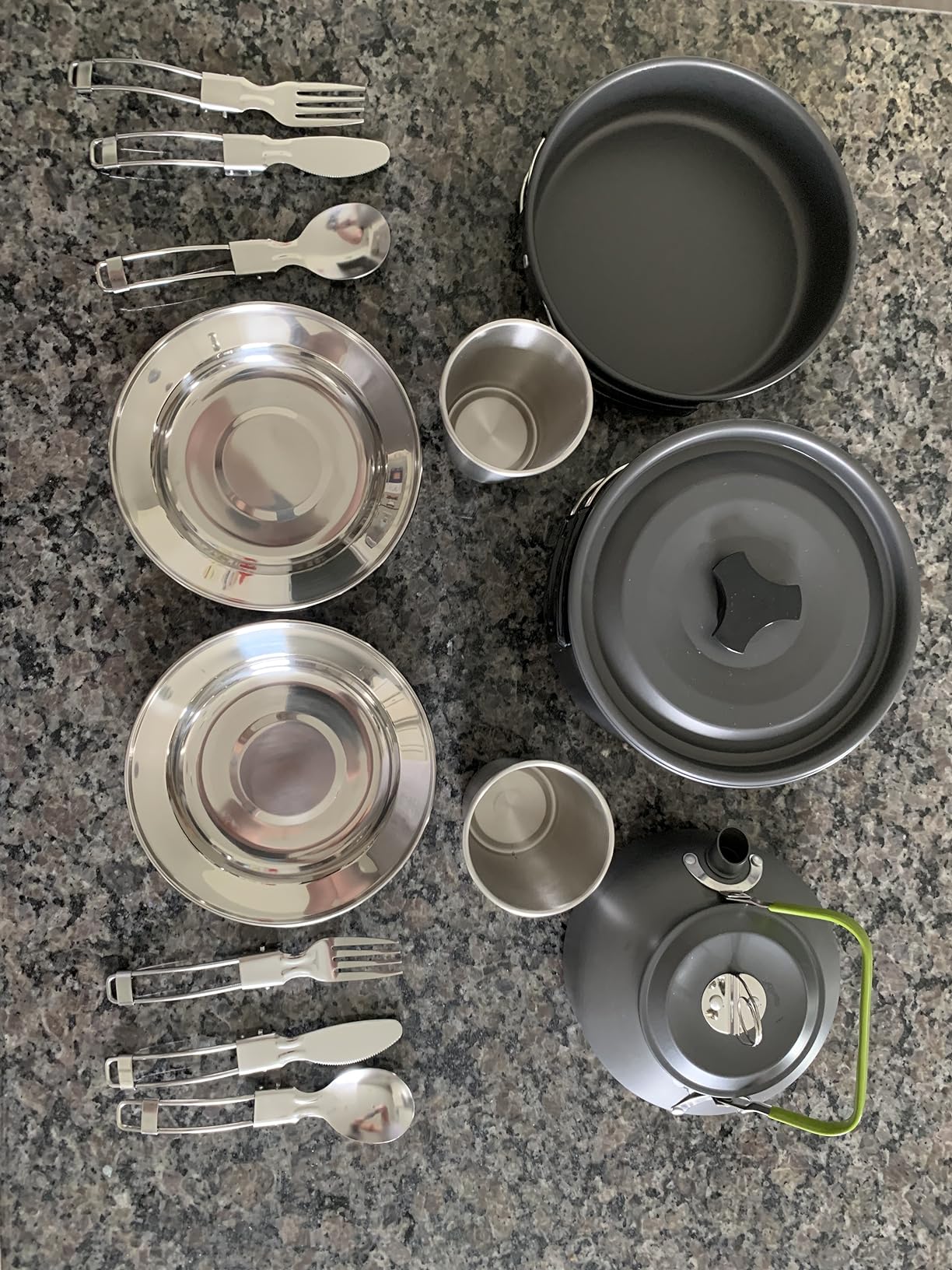 Odoland 15pcs Camping Cookware Mess Kit, Non-Stick Lightweight Pot Pan Kettle Set with Stainless Steel Cups Plates Forks Knives Spoons for Camping, Backpacking, Outdoor Cooking and Picnic customer photo 2