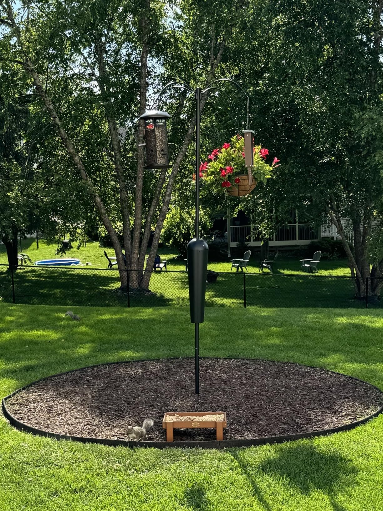 Sequoia Squirrel Proof Pole System with 4 Hanging Stations for Bird Houses, Bird feeders, Hanging Baskets, Wind Chimes and More. 1.25