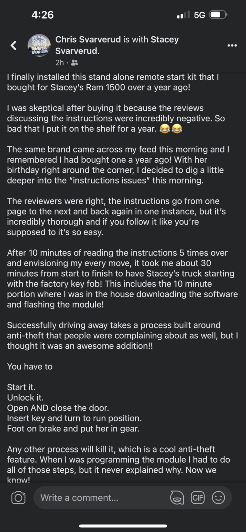 Start-X Remote Starter Kit for RAM 1500, 2500, 3500 (2013, 2014, 2015, 2016, 2017) Trucks with Key Ignition | Easy DIY Plug & Play Install | Lock 3X to Remote Start | Zero Wire Splicing customer photo 1