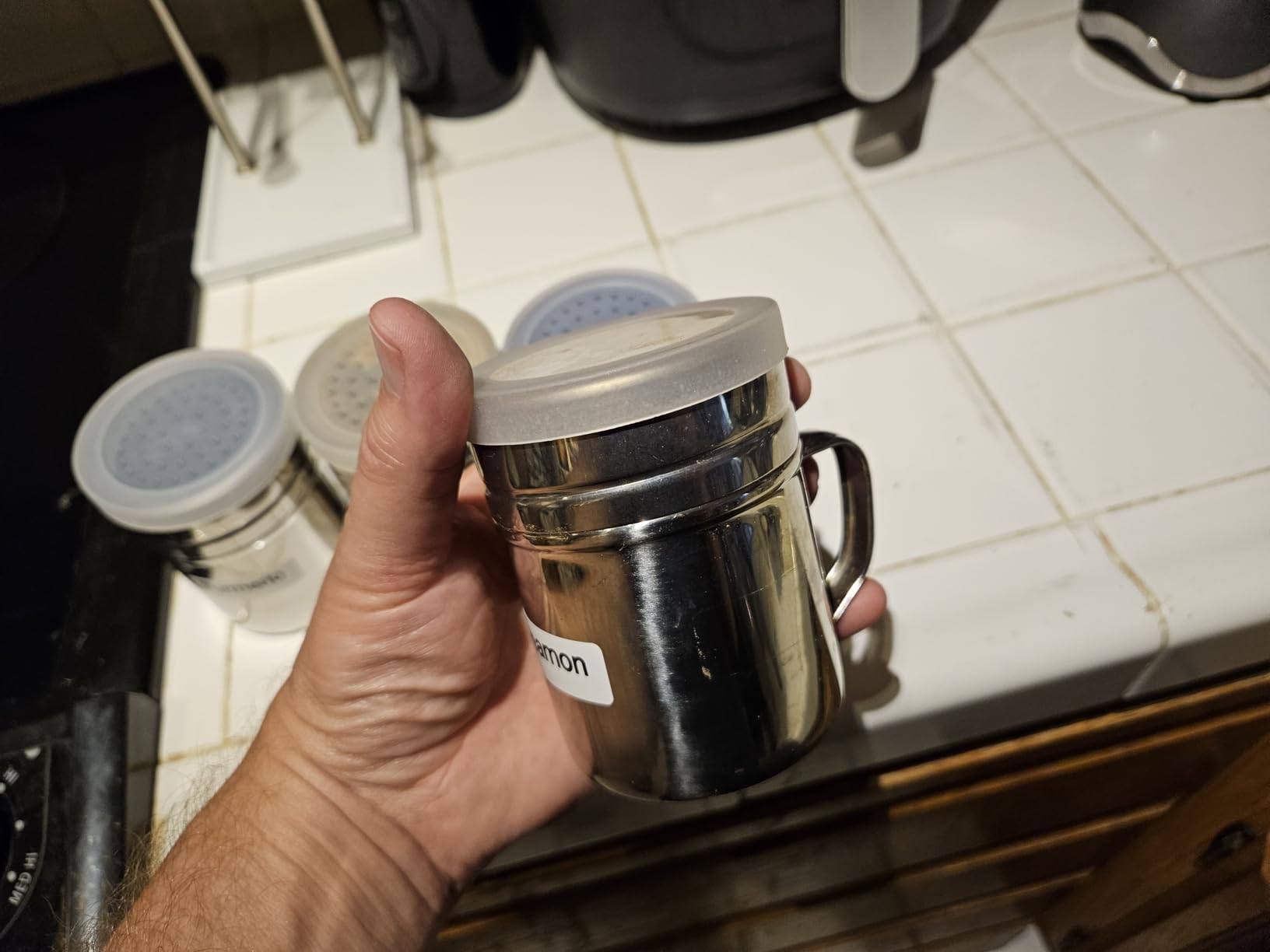 CUSINIUM Metal Salt Pepper Dredge Shakers - With Handle - Seasonings Spice Shakers With Holes and Lids - 10 Ounce, 2pcs | Style: Medium customer photo 2