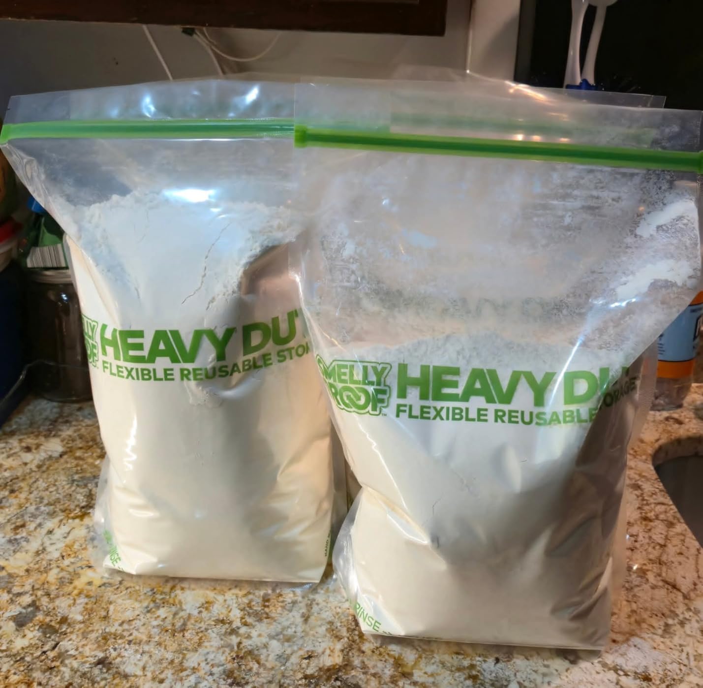 HEAVY DUTY Reusable STAND-UP Bags for Food Storage by Smelly Proof, USA Made, NO PEVA & BPA FREE, Reusable Freezer Bags, Dishwasher-Safe, Triple Zip, CLEAR 5-mils LRG Quart 8.75