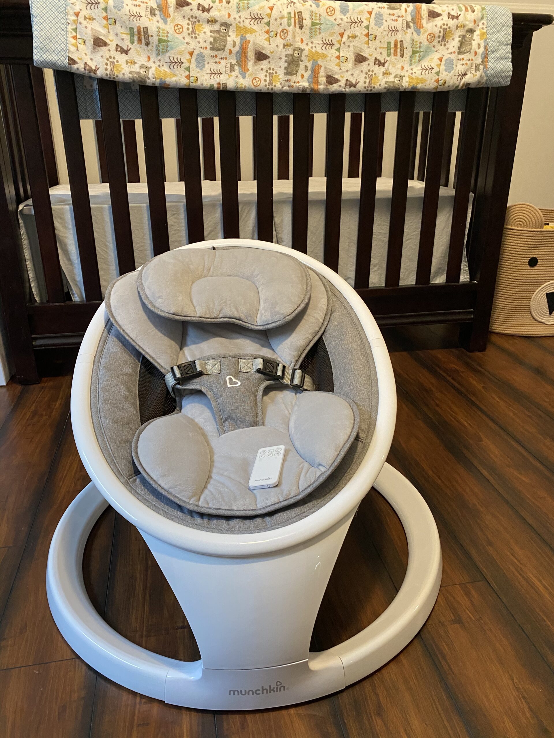 Munchkin Electric Baby Swing, Portable and Lightweight, Bluetooth Enabled Infant Rocker with Natural Sway in 5 Ranges of Motion, Newborn Nursery Essentials, White/Grey customer photo 1