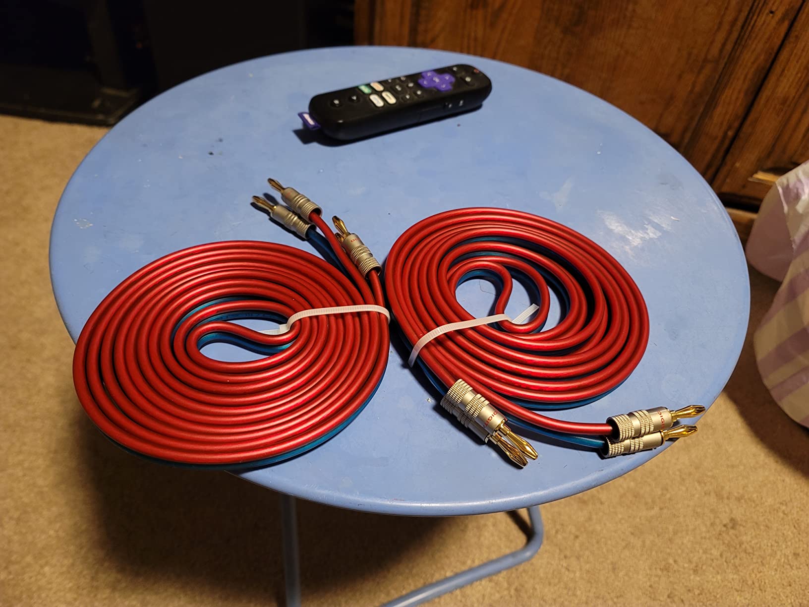 AutCreation Speaker Cable Wire with Banana Plugs,14 AWG HiFi Pure Copper Speaker Wire,99.9% OFC Stranded Copper Wire,Gold Plated Banana Tip Plugs,Red/Blue (1.5M(4.9ft)) customer photo 1