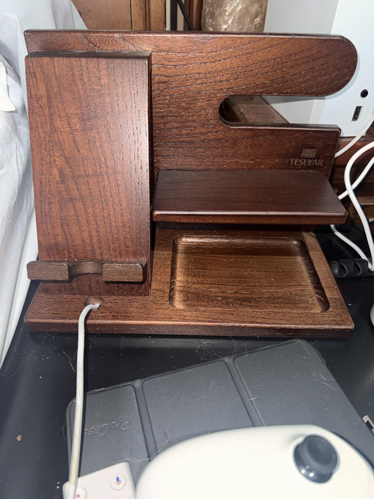 TESLYAR Wood Phone Docking Station for Men - Desktop or Nightstand Organizer - Birthday Gifts for Men, Dad - Anniversary Idea from Wife - Key Holder, Stand Wallet, Watch & Essentials (Granite Black) customer photo 2