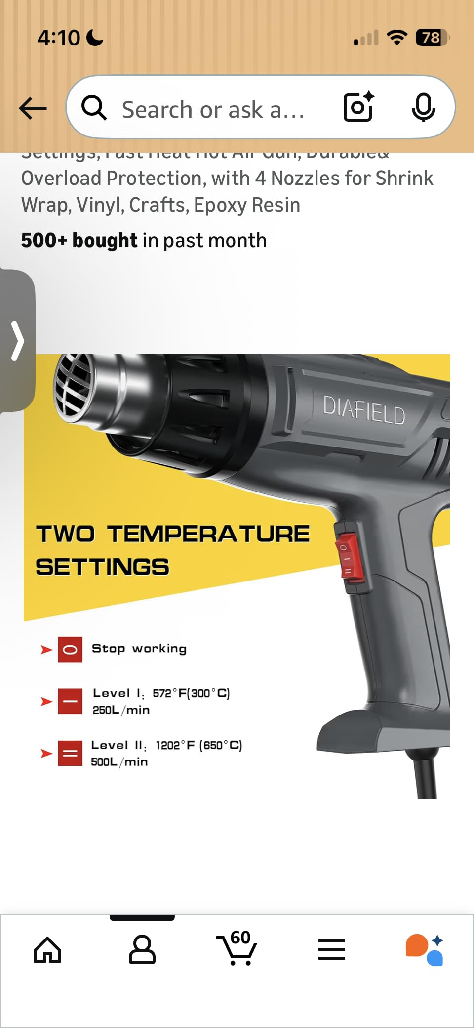 DIAFIELD 1850W Heat Gun, Dual Temperature Settings, Fast Heat Hot Air Gun, Durable& Overload Protection, with 4 Nozzles for Shrink Wrap, Vinyl, Crafts, Epoxy Resin customer photo 2