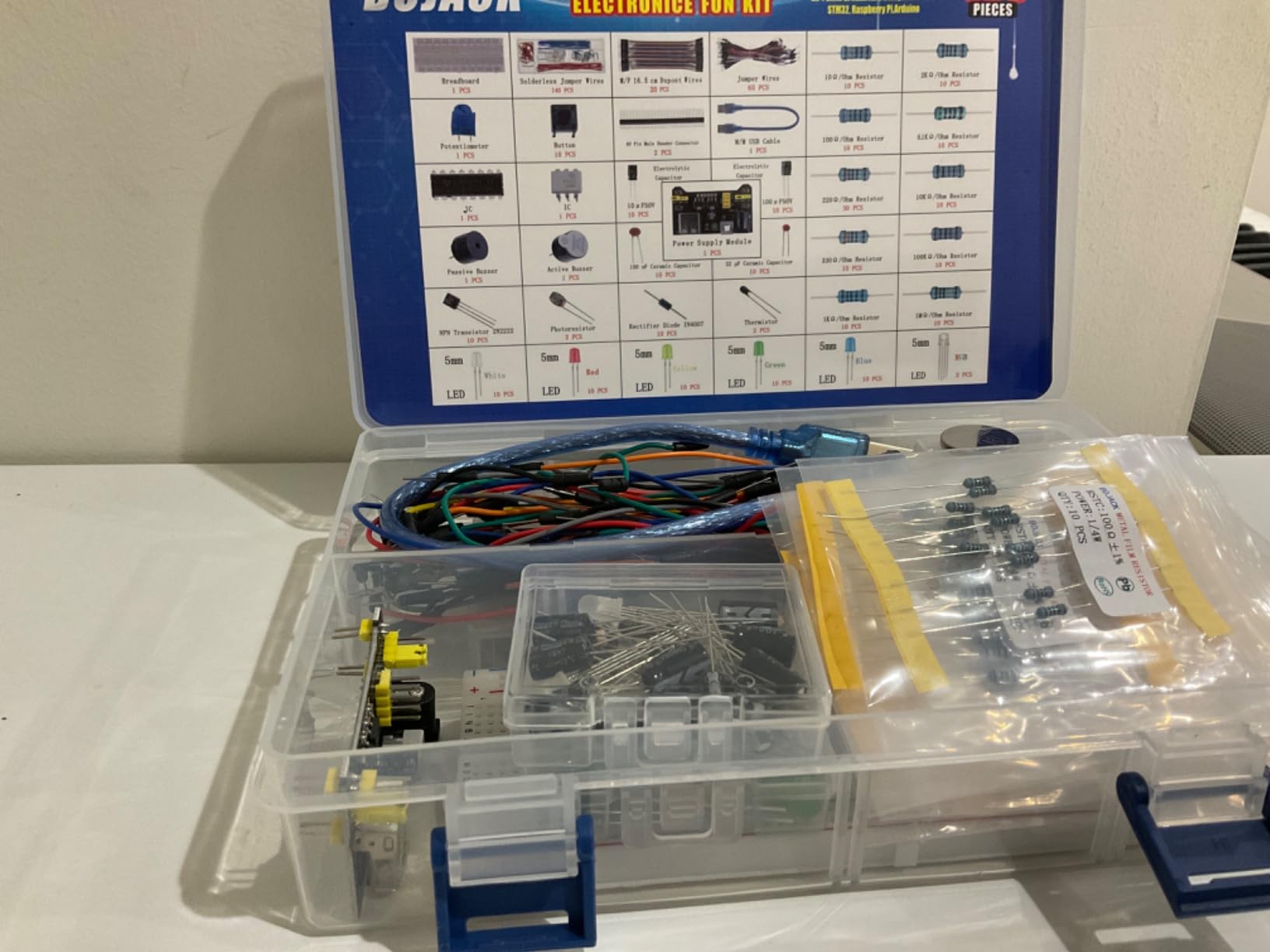 BOJACK 37 Values 480 Pcs Electronics Component Fun Kit with Power Supply Module, Jumper Wire,Precision Potentiometer,830 tie-Points Breadboard Compatible with STM32,Raspberry Pi,Arduino customer photo 1