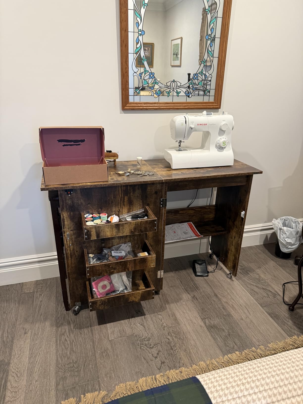 VIVOHOME Folding Sewing Craft Table, Rolling Sewing Machine Desk with Storage Shelves, Sewing Cabinet with Lift for Small Spaces, White customer photo 1