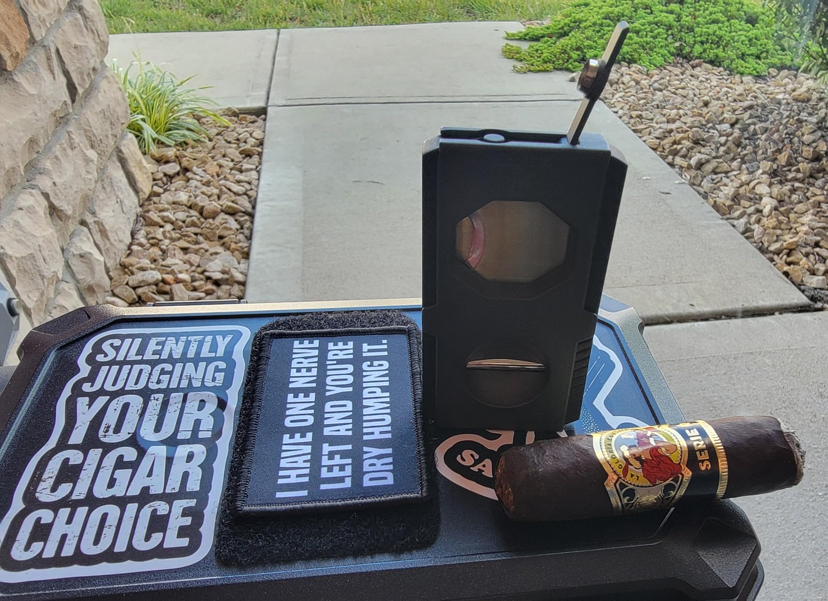 XIFEI Cigar Cutter V-Cut Guillotine 3 in 1 Straight Cut V Cutter with Cigar Punch Stainless Steel Blade Ergonomic Design Secure-Lock Cigar Clipper,Cuts Up to 60 Ring Gauge Cigars (Black) customer photo 2