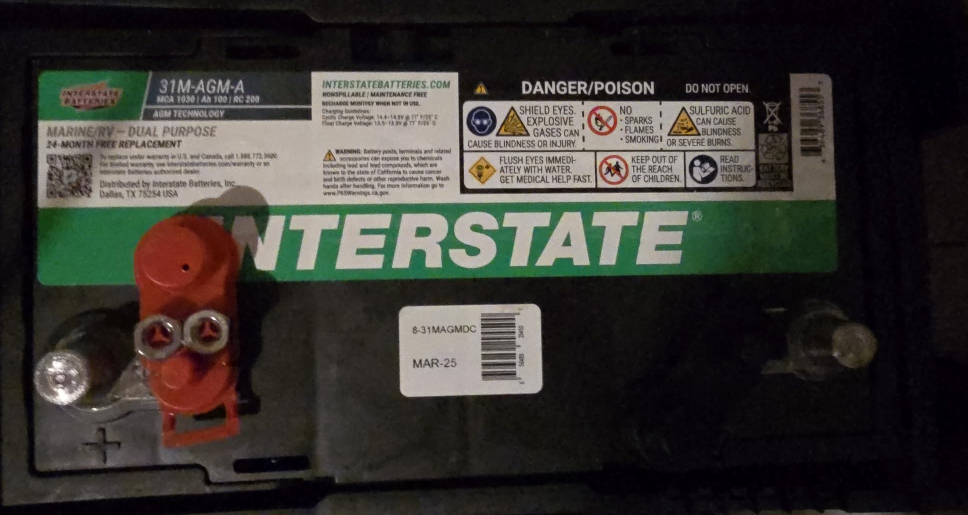 Interstate Batteries Marine/RV Battery 12V 100Ah 825CCA Dual Purpose Power Pure Lead AGM RV & Marine Starting Replacement Battery (Group Size 31M) Boats, RV's (8-31MAGMDC / 31M-AGM-A) customer photo 2