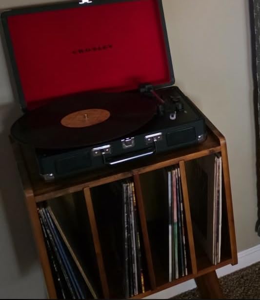 Wooden LP Record Player Stand with 4 Cabinets, Holds up to 100 Vinyls, Metal Record Storage Holder and Organizer Table, Mid-Century Modern customer photo 1