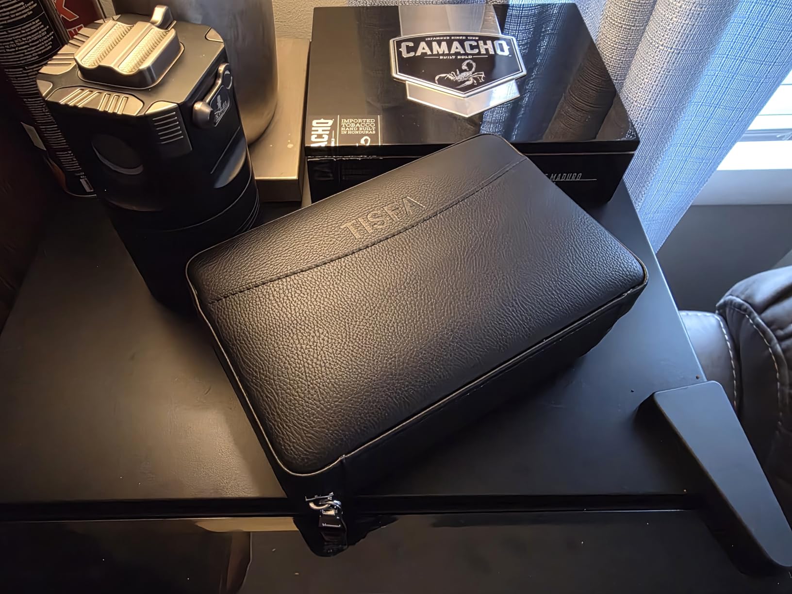 TISFA Cigar Humidor, Leather Cedar Wood Cigar Case with Cigar Lighter, V Cut Cigar Cutter, Cigar Holder 3 in 1, Portable Travel Cigar Humidor Box with Humidifier (Brown) customer photo 1