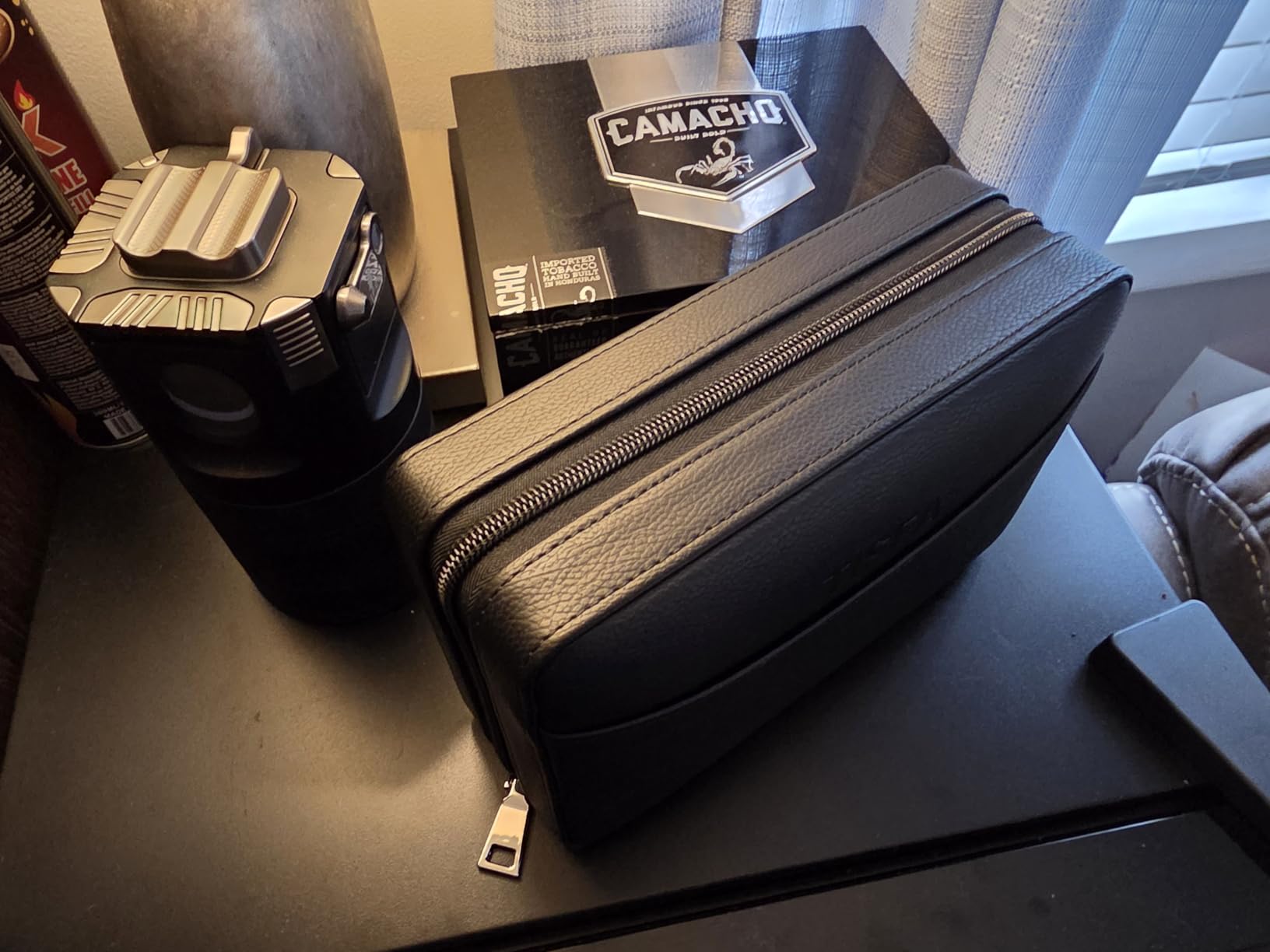 TISFA Cigar Humidor, Leather Cedar Wood Cigar Case with Cigar Lighter, V Cut Cigar Cutter, Cigar Holder 3 in 1, Portable Travel Cigar Humidor Box with Humidifier (Brown) customer photo 2