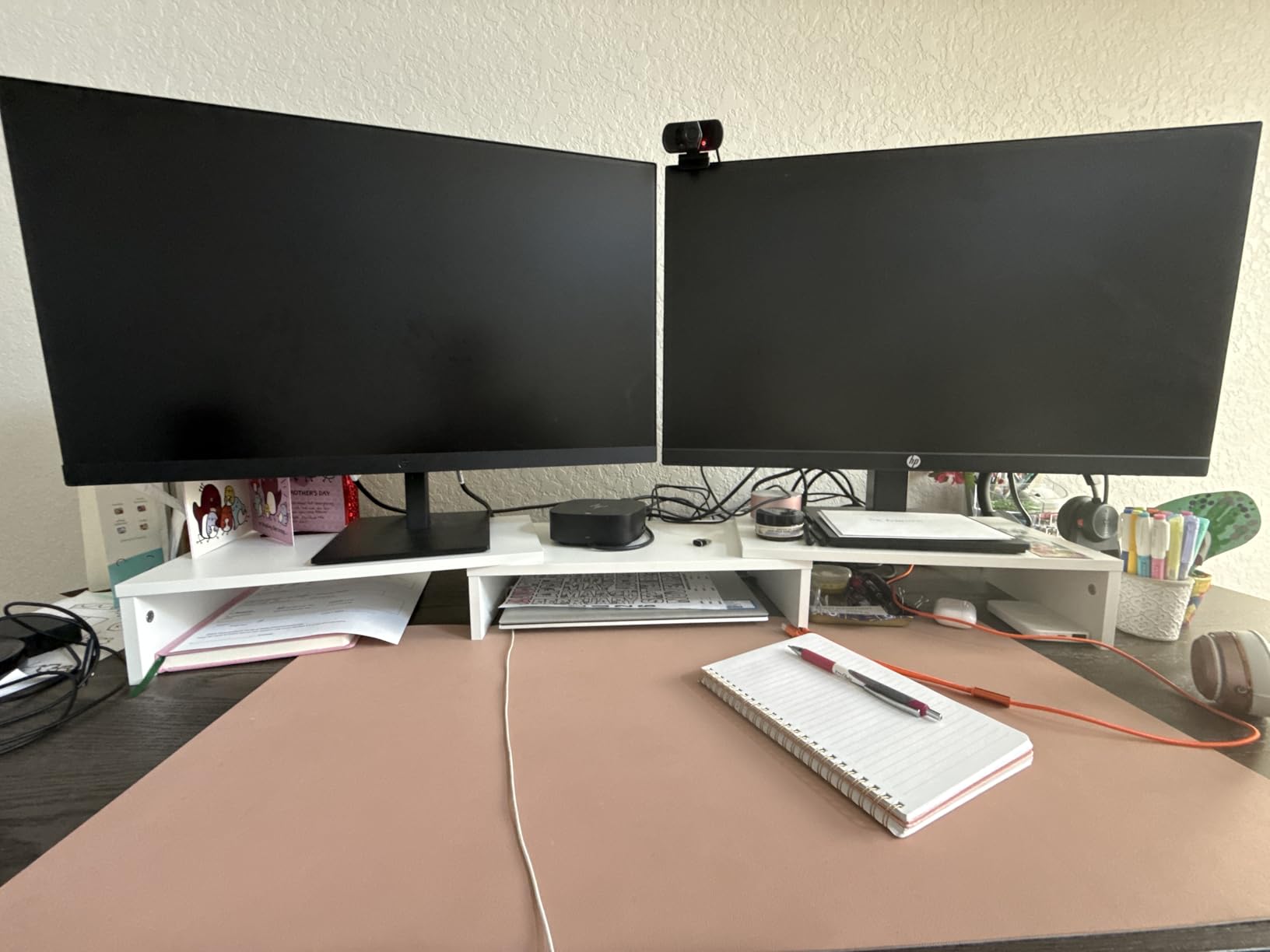 BONTEC Dual Monitor Stand Riser with Smartphone Holder, Adjustable Length & Swivel Angle, Ergonomic Wooden Desktop Organizer for PC Monitor, Laptop, Printer, Large Storage, White customer photo 1