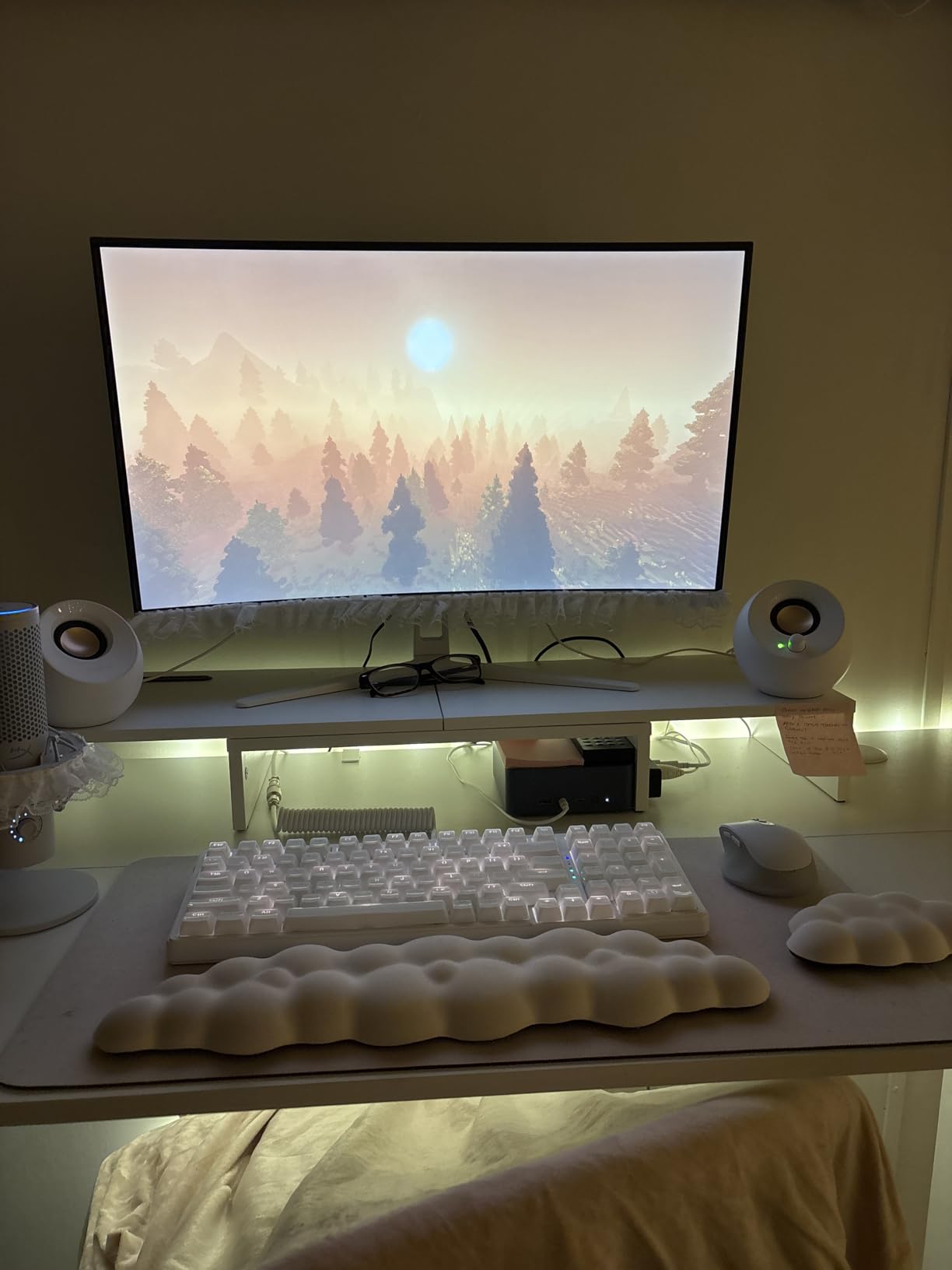 BONTEC Dual Monitor Stand Riser with Smartphone Holder, Adjustable Length & Swivel Angle, Ergonomic Wooden Desktop Organizer for PC Monitor, Laptop, Printer, Large Storage, White customer photo 2