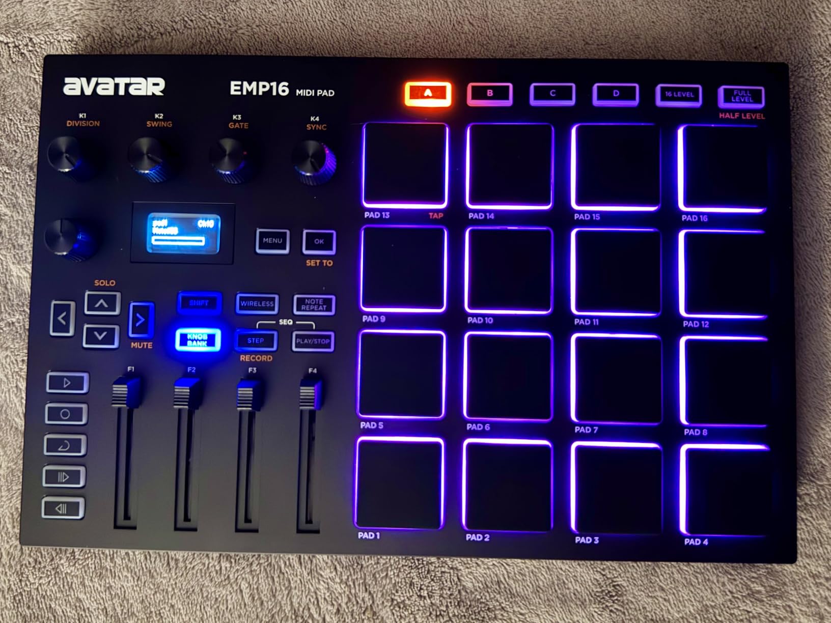 EMP16 MIDI Pad Controller Beat Maker Machine With Bluetooth, 16 RGB Velocity Sensitive Beat Pads, 16 Level, Full/Half Level, OLED Display, MIDI In/Out customer photo 2