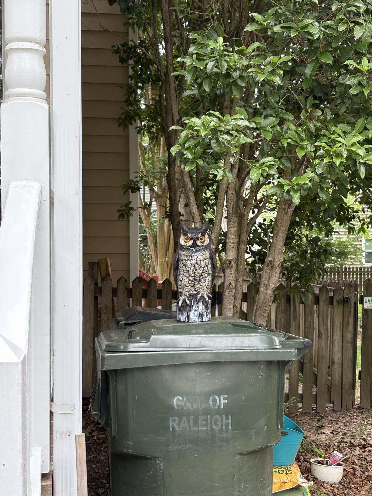 Dalen Large Fake Owl Decoy to Scare Birds Away - 16 in Hand-Painted Great Horned Owl Garden Scarecrow for Natural Pest Control - Fixed Head Design - Secure Upright by Filling with Sand/Gravel Only customer photo 1