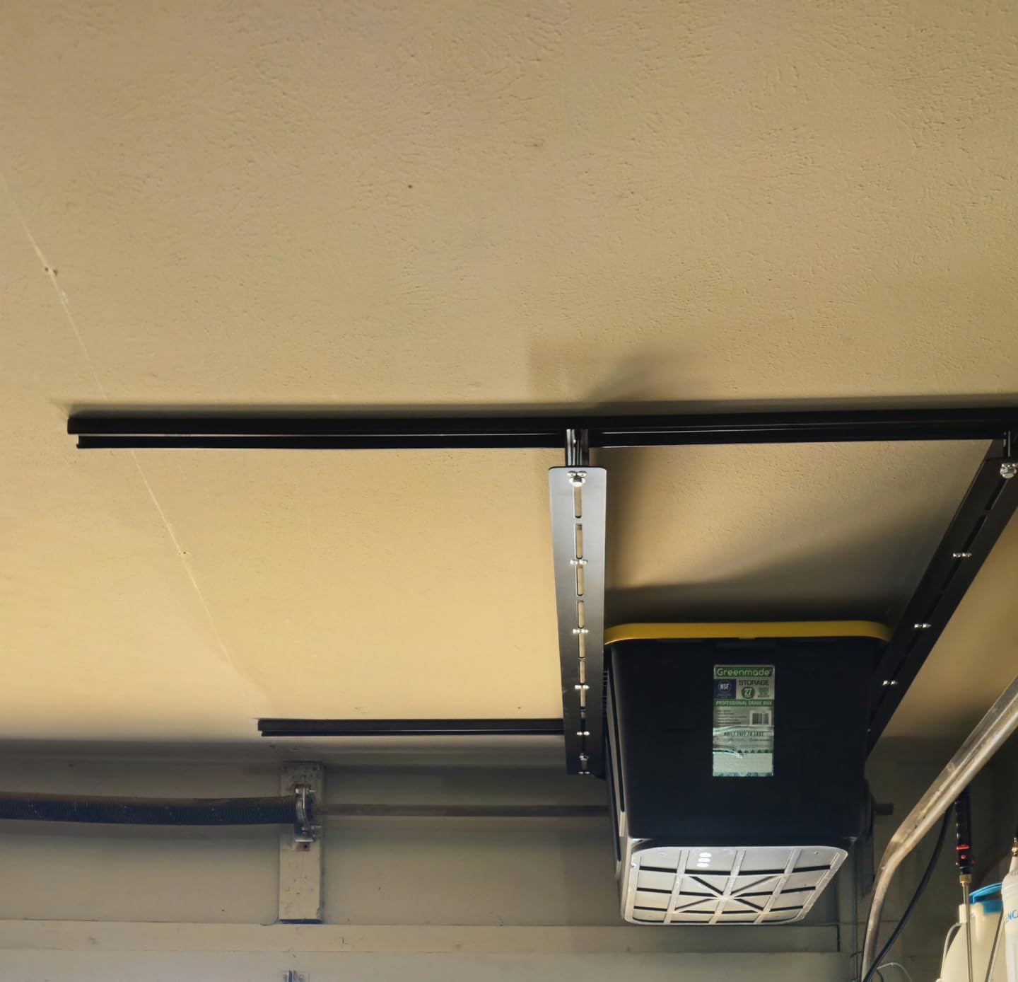 TORACK Garage Ceiling Bin Storage Rack, Overhead Tote Storage Rail System Heavy Duty Adjustable Tote Slide Rails Garage Bins Storage System(Black, Bins are not included) customer photo 1