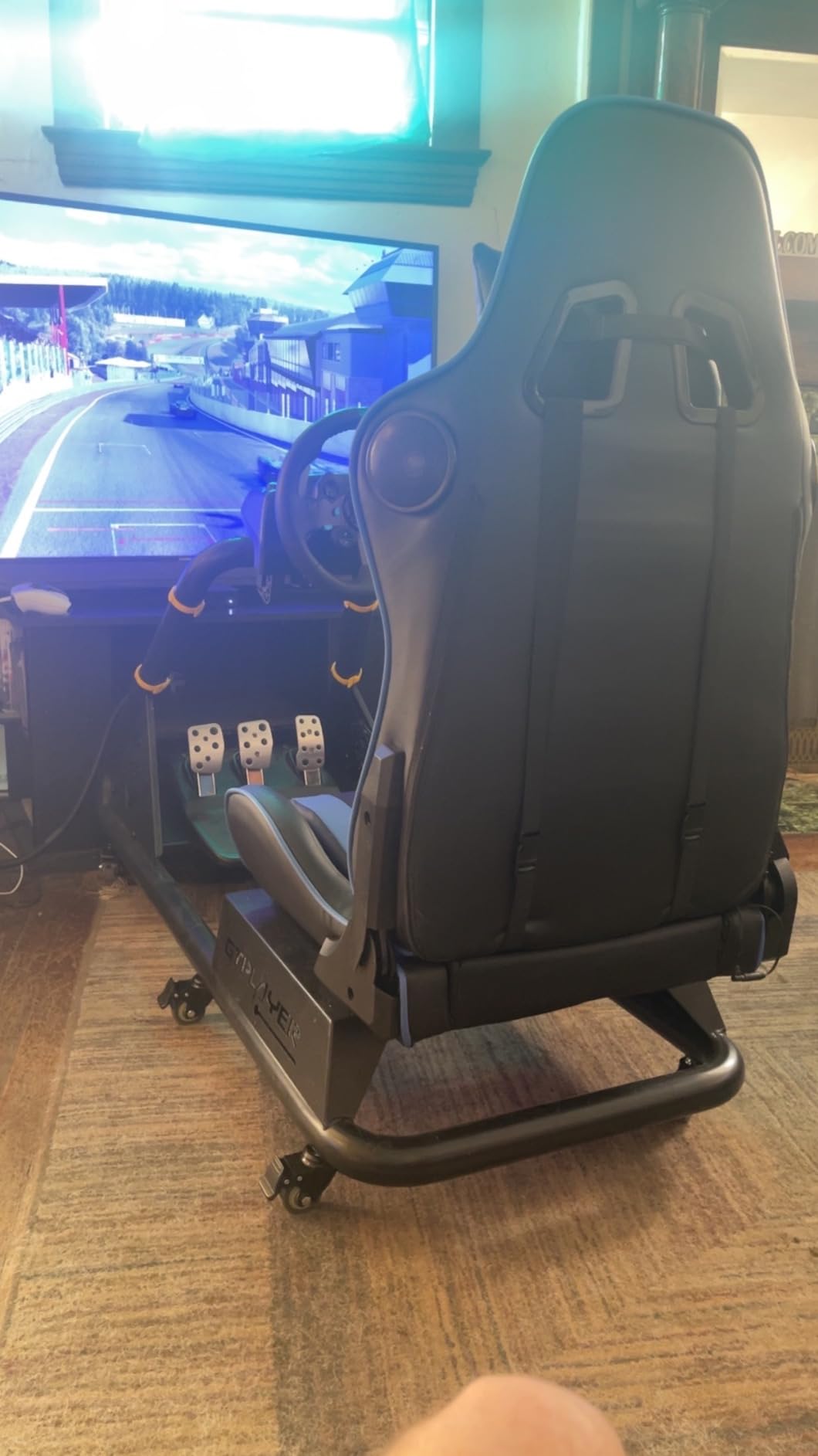GTPLAYER Racing Simulator Cockpit with Seat and Bluetooth Speakers, Racing Style Reclining Seat and Ultra-Sturdy Alloy Steel Frame (Winered) customer photo 1