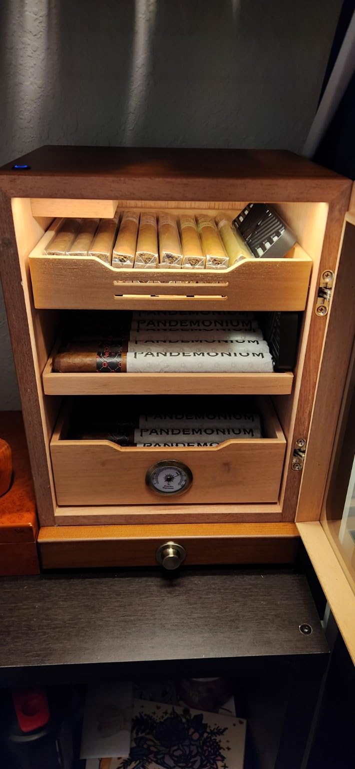 Cigar Humidor, Desktop Cigar Humidor Cabinet Light Control System with Spanish Cedar Wood Shelves, Hygrometer, 3 Humidifiers and Cigar Accessories Drawer, Father's Day Gift for Men (Black) customer photo 2