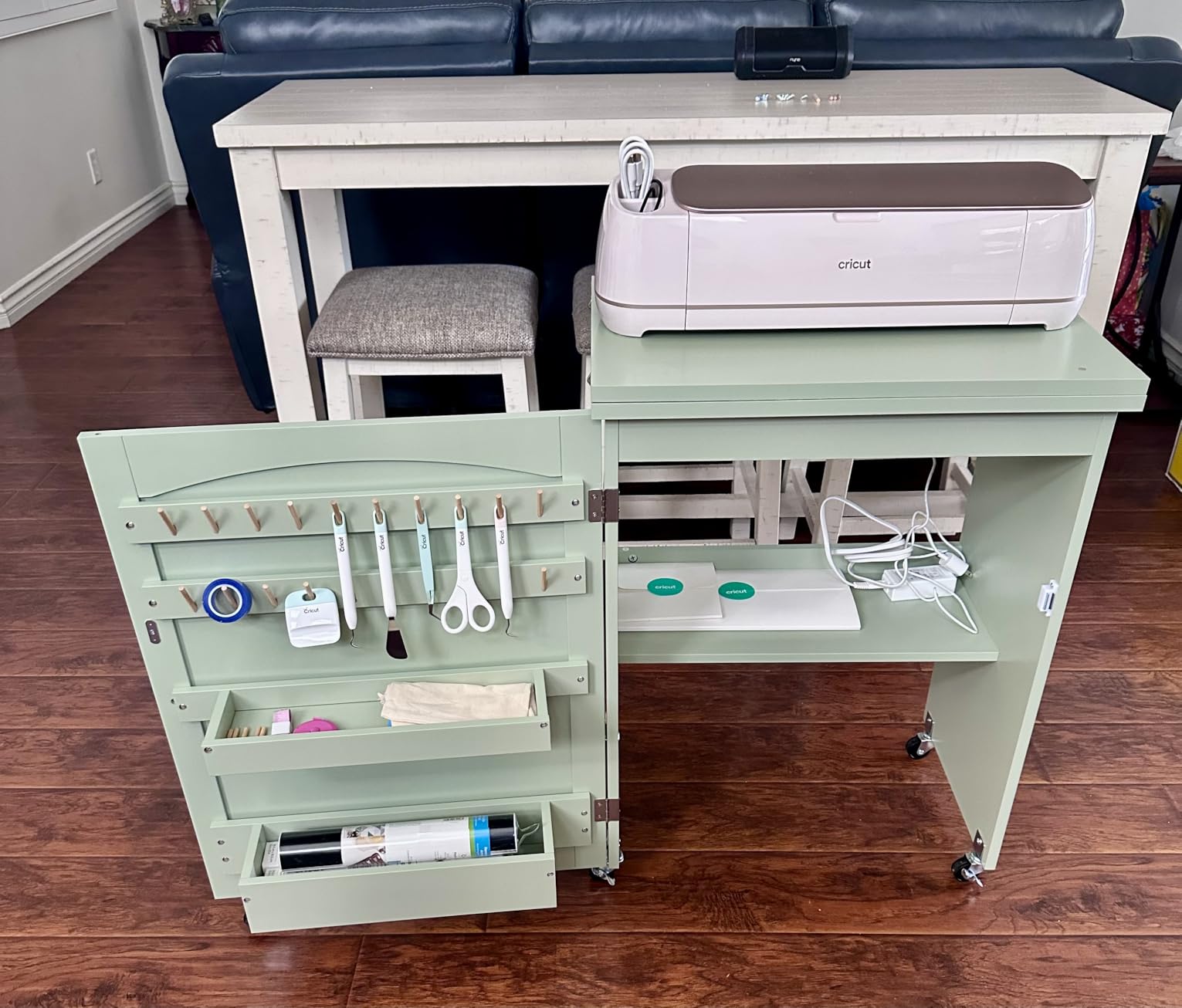 Best Choice Products Folding Sewing Table Multipurpose Craft Station & Side Desk with Compact Design, Wheels, Shelves, Storage Trays, Pegs, Magnetic Doors, Metal Doorknobs - Light Green customer photo 1