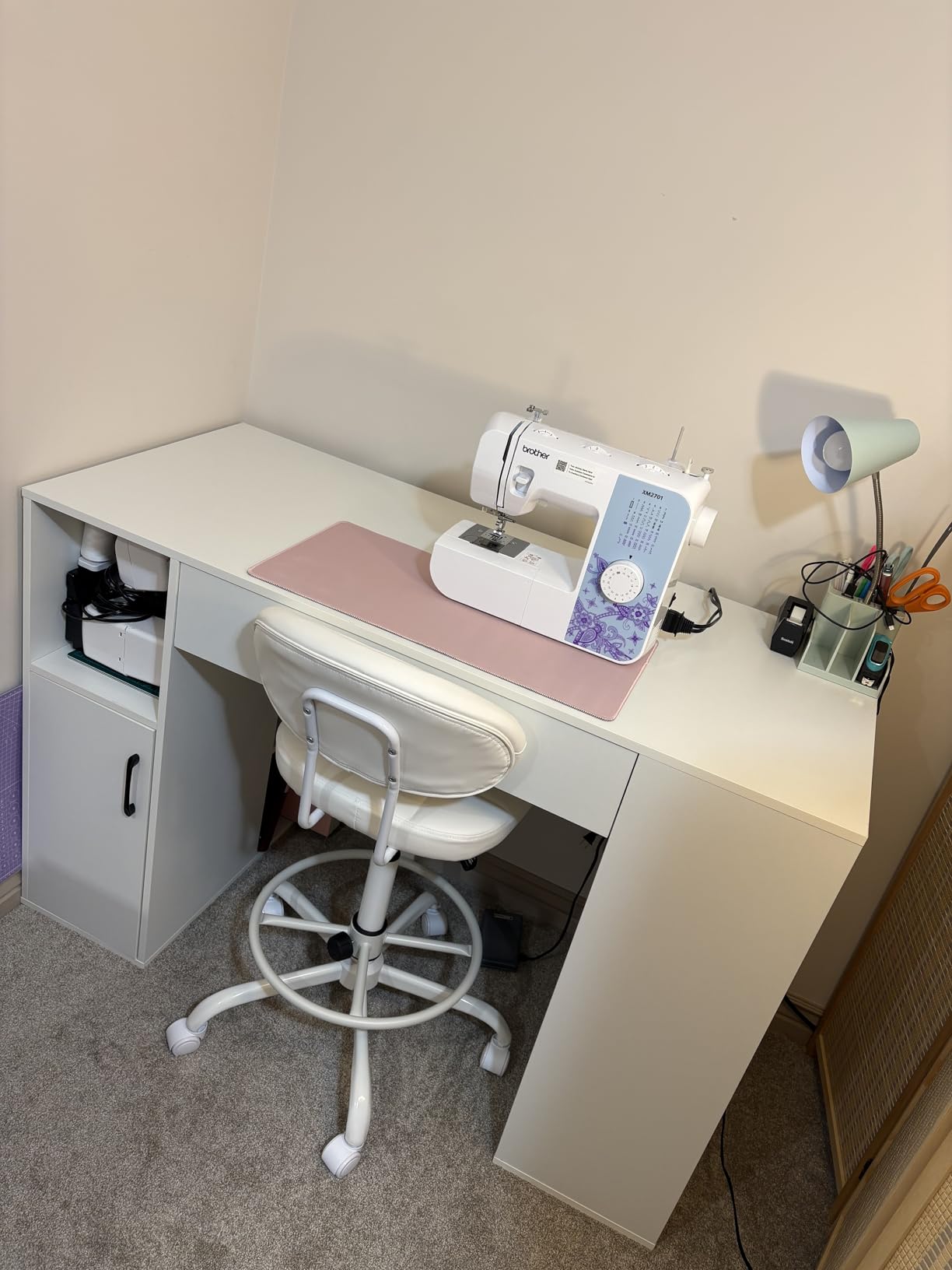 Giantex Craft Table with Storage, 53'' Artwork Sewing Table with 14 Cube Storage Shelves, Large Drawer, Cabinet with 2 Shelves, 36'' Counter Height Sewing Workstation White Drafting Writing Desk customer photo 1