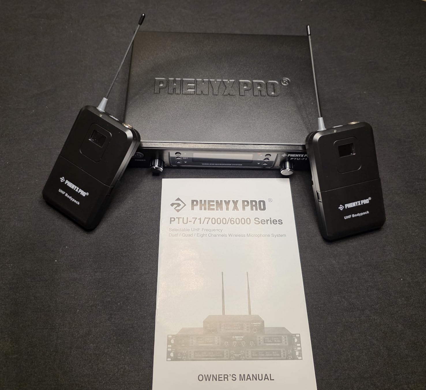 Phenyx Pro Dual UHF Wireless Microphone System, Auto-Scan Cordless Mic Set w/ 2x100 Frequencies, 2 Bodypacks & Headsets/Lapel Microphones for Speaking, Singing, Church, DJ (PTU-71-2B) customer photo 2