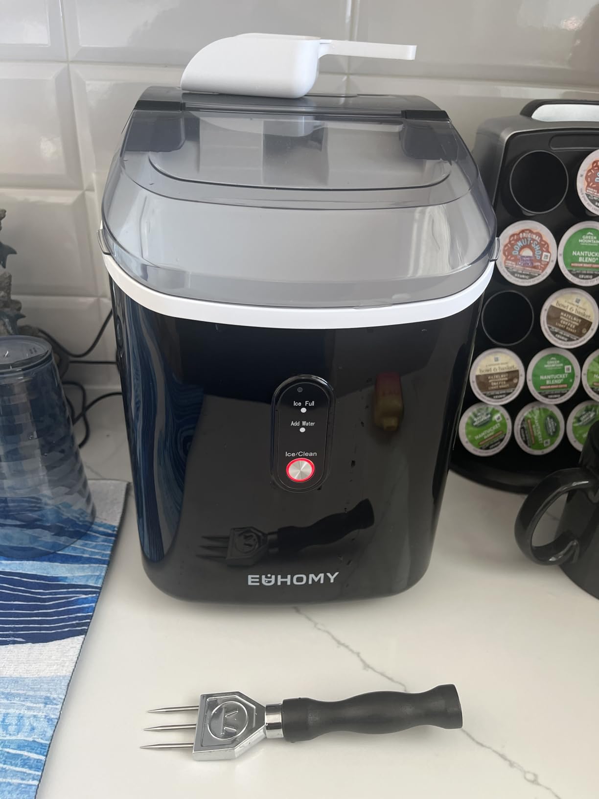 EUHOMY Nugget Ice Maker Countertop with Handle, Ready in 6 Mins, 34lbs Per Day, Removable Top Cover, Auto-Cleaning, Portable Sonic Ice Maker with Basket and Scoop, for Home/Party/RV/Camping (Silver) customer photo 1