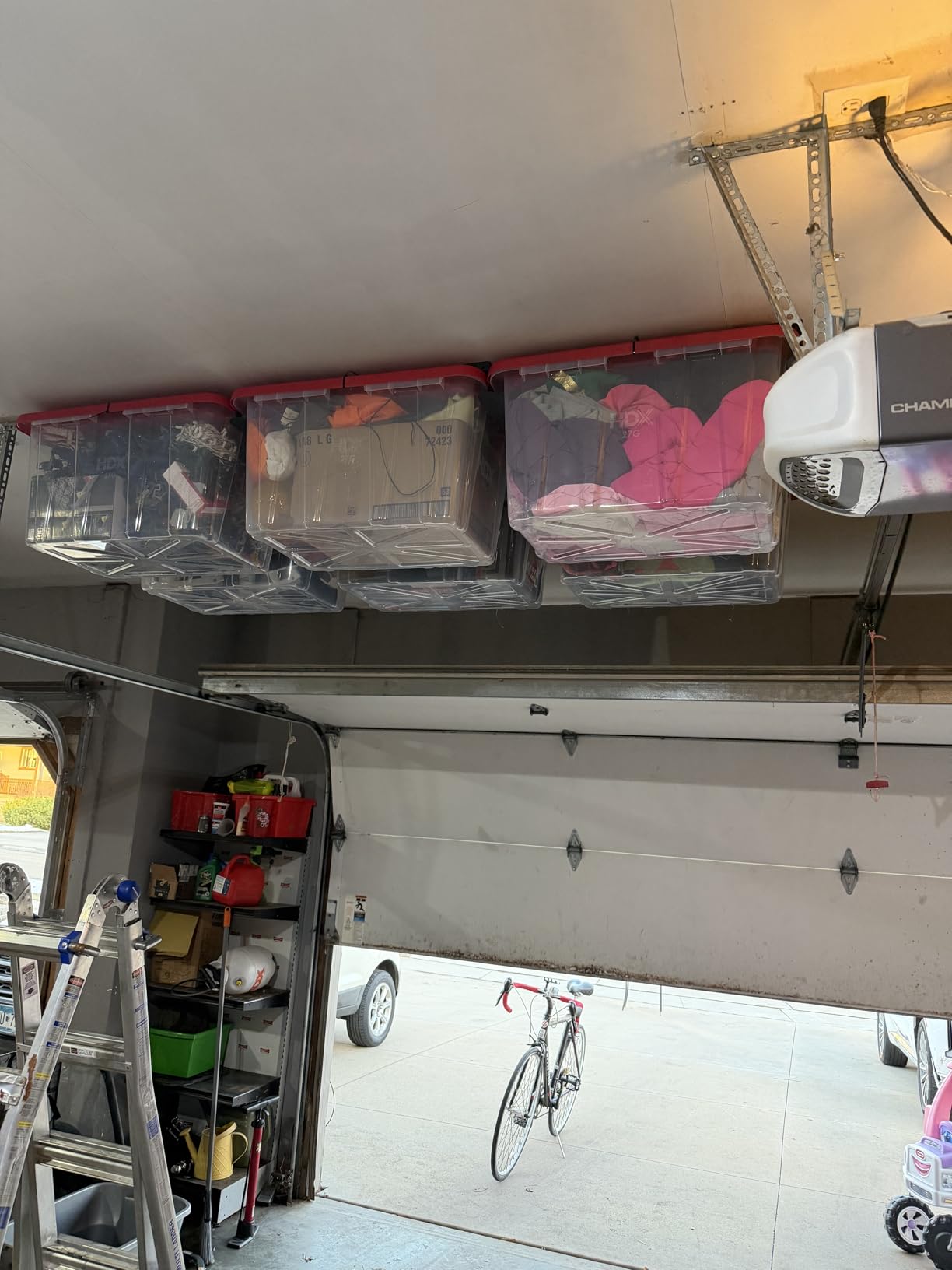 HANDT Overhead Garage Storage Rack, Connectable Heavy Duty Metal Ceiling Rails For Garage Storage Organization Shelving System, Hanging Racks For Tote Containers, Supports Up To 6 Bins, 4 Sets Black customer photo 1