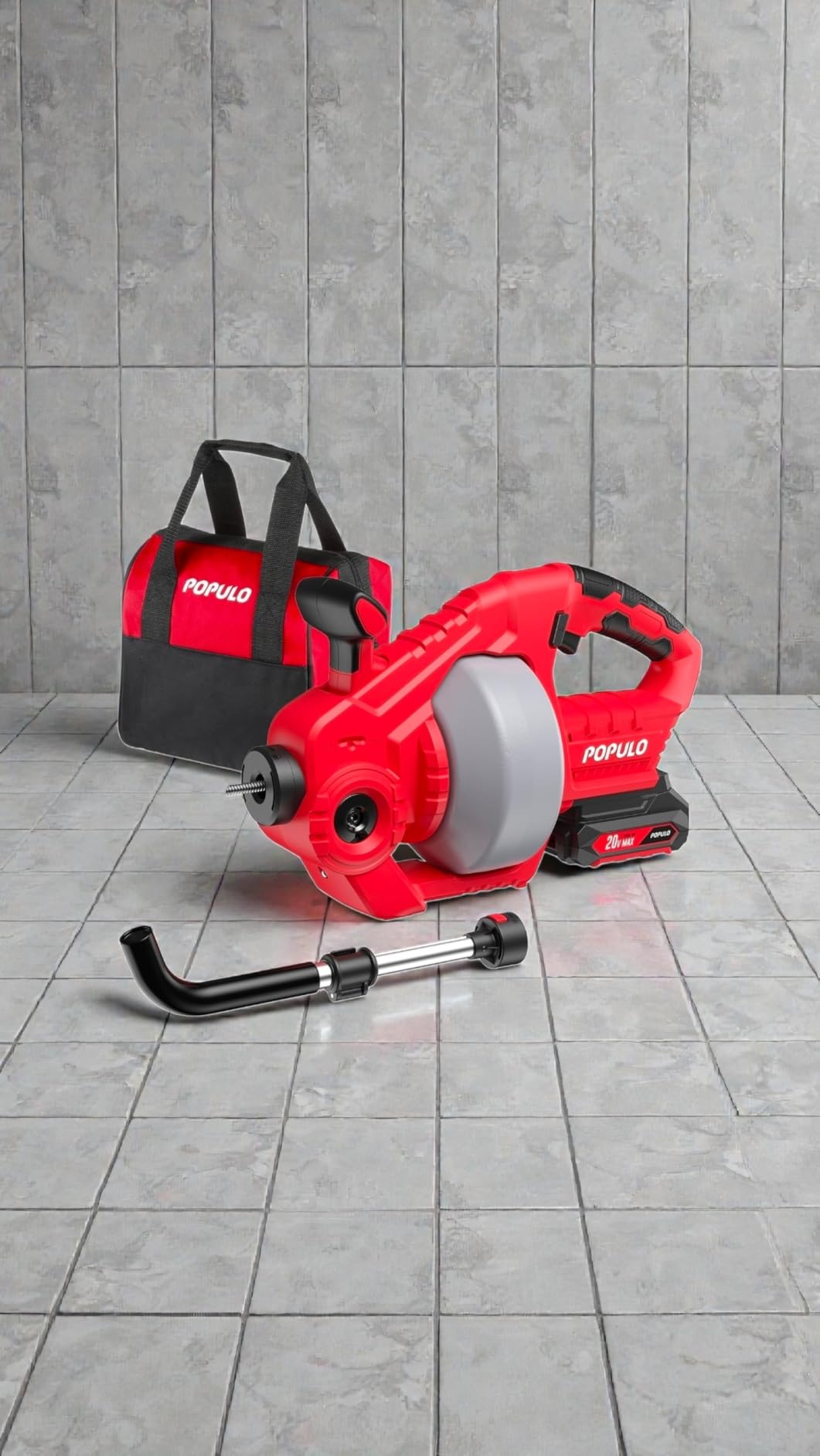 POPULO 20V Cordless Electric Drain Snake, 25Ft Replaceable Cable with 2.0Ah Battery, Extension Tube & Charger, Snake Drain Clog Remover Tool for Toilet, Floor Drain, Sink and Shower 3/4