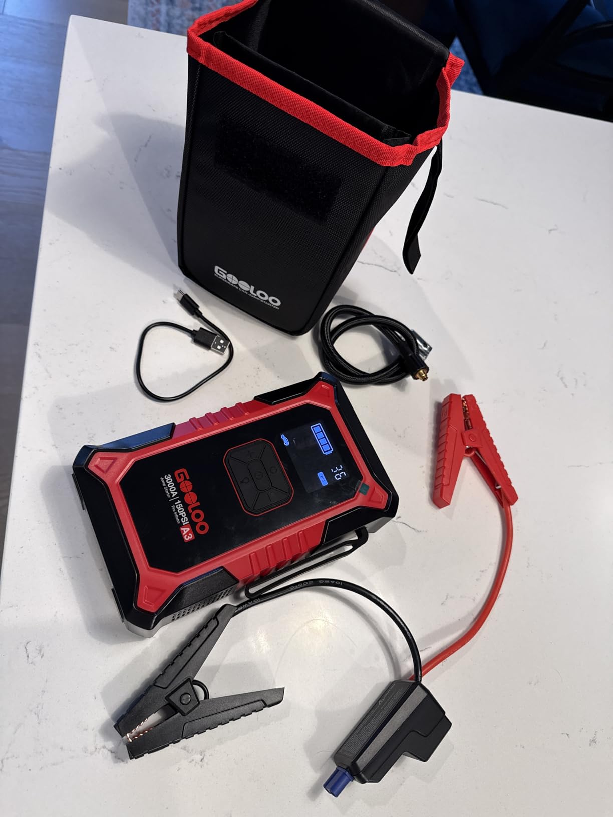 GOOLOO A3 Jump Starter with Air Compressor, 3000A Portable Car Battery Booster (9.0 Gas/6.5L Diesel) with 150PSI Auto-Shutoff Tire Inflator, 12V Supersafe Lithium Jump Box Car Battery Jumper Starter customer photo 1