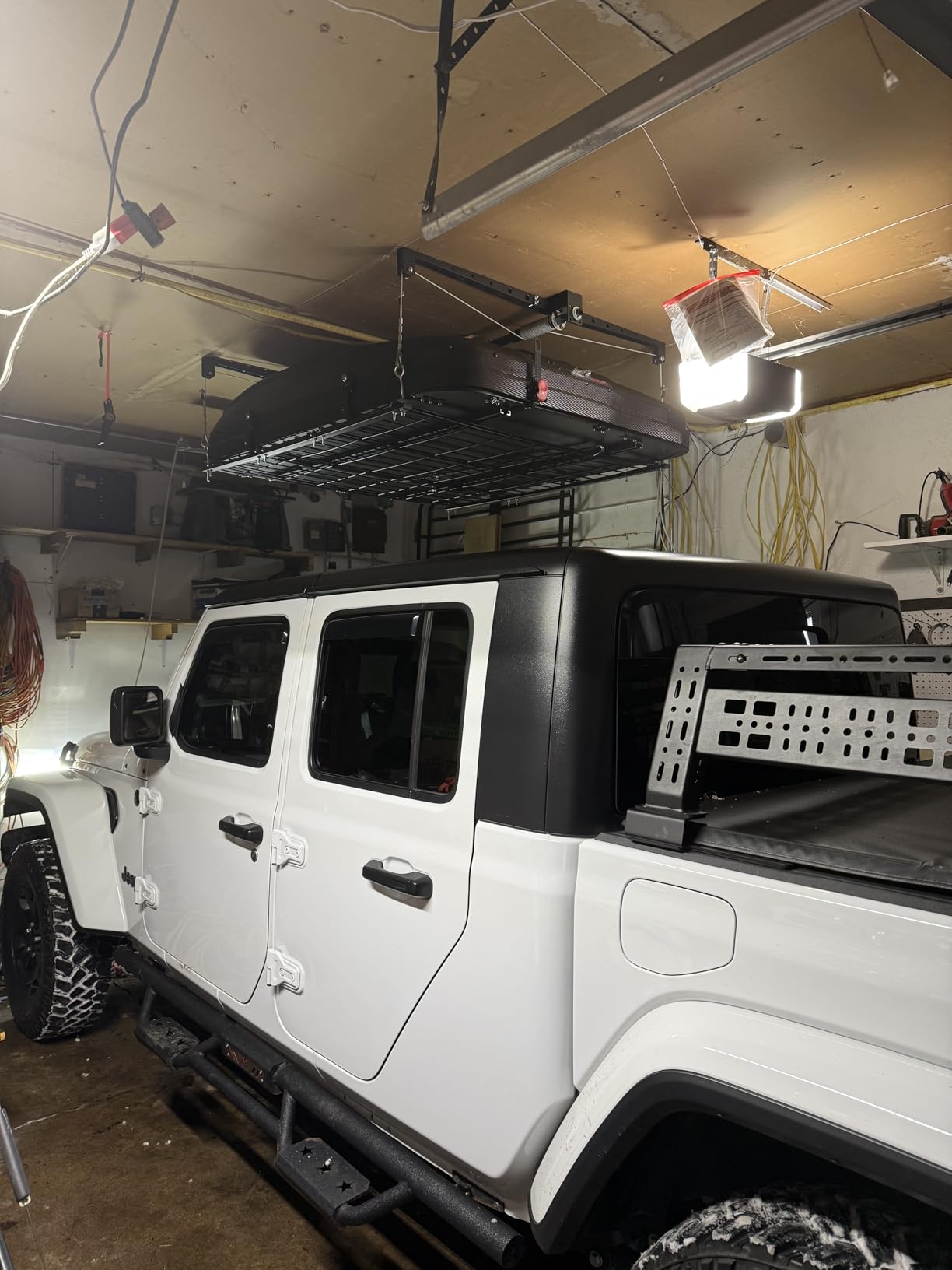 Overhead Garage Storage Rack for 8-10 FT Ceiling, Heavy-duty 4x4 FT Ceiling Storage Racks with Safety Lock, Ideal for Garage Storage Mounted Lift System and Storage Organizer, 250lbs Capacity customer photo 1