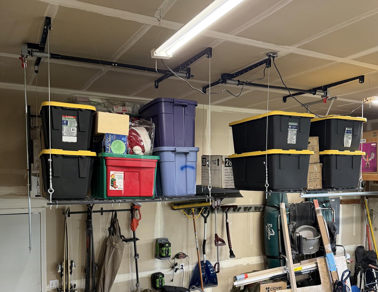 Overhead Garage Storage Rack for 8-10 FT Ceiling, Heavy-duty 4x4 FT Ceiling Storage Racks with Safety Lock, Ideal for Garage Storage Mounted Lift System and Storage Organizer, 250lbs Capacity customer photo 2