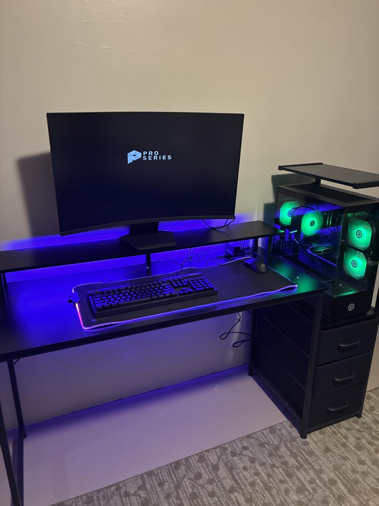 AODK 59 Inch Gaming Desk with USB Charging Ports & LED Light- Reversible Computer Desk with Storage Shelves & Monitor Stand, Modern Gamer Desk Table with Fabric Drawers & Side Hook, Carbon Fiber Black customer photo 1