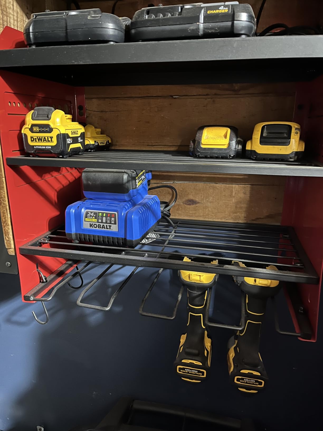 POKIPO Large Power Tool Organizer Wall Mount with Charging Station,4 Layer Heavy Duty Metal Tool Storage Rack Loads 600lbs with 8 Cordless Drill Holder,Battery Utility Rack Loads with 4 Power Strip customer photo 1