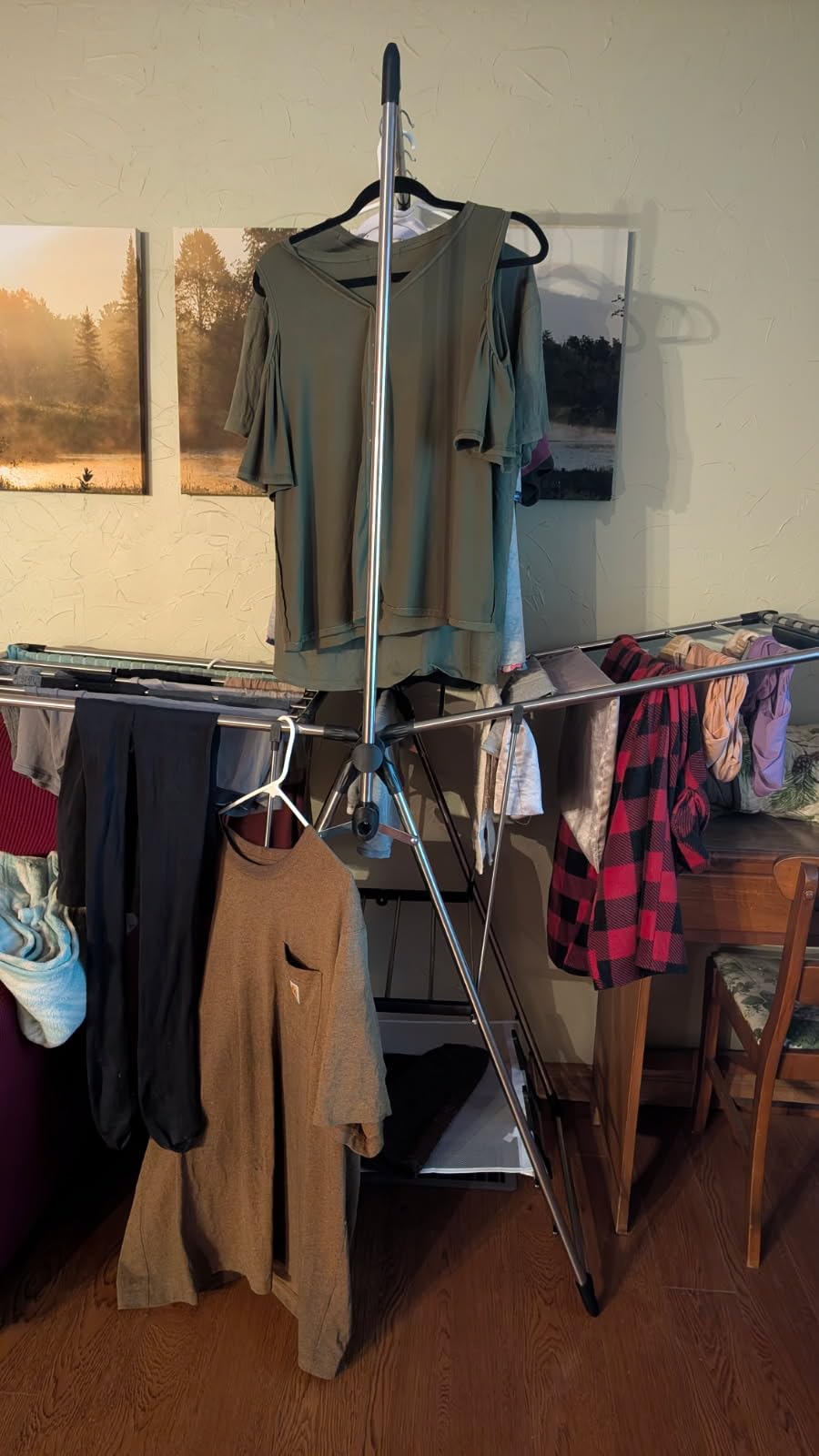 APEXCHASER Clothes Drying Rack with High Hanger, Foldable 3-Level Drying Racks with Shoe Rack, Crossbar and Vertical Rod Laundry Stand with Adjustable Wings Silver customer photo 1