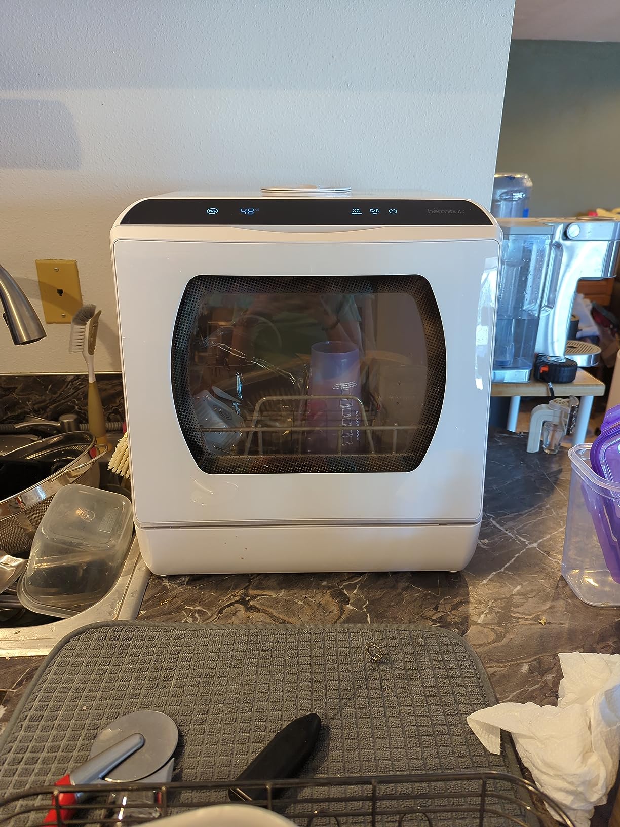 Hermitlux Countertop Dishwasher, 7 Washing Programs Portable Mini Dishwasher with 5-Liter Built-in Water Tank for Apartments & RVs, LED Light, Glass Door, No Hookup Needed customer photo 1